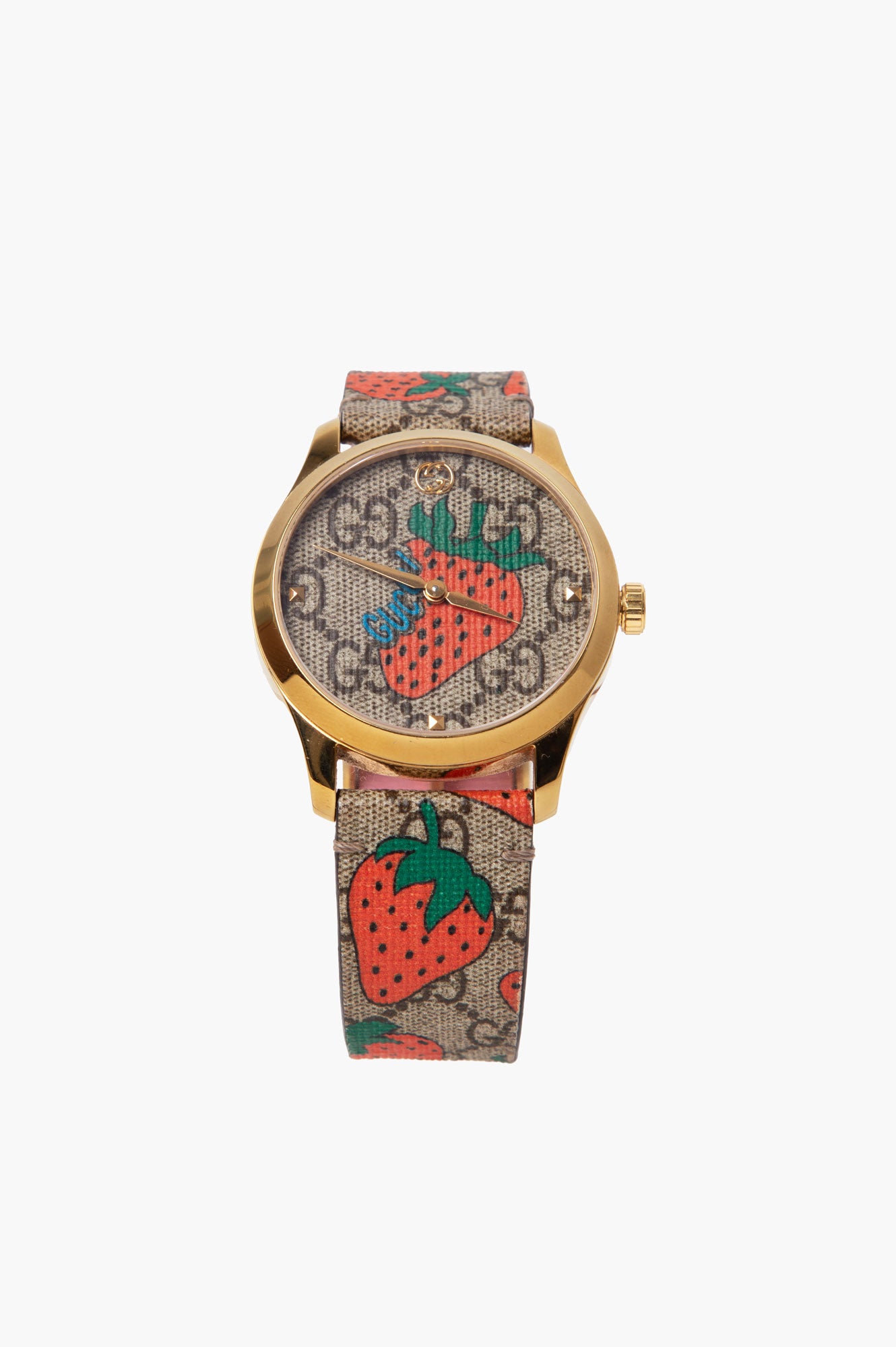 Gucci G-Timeless Strawberry Leather Strap Women's Watch