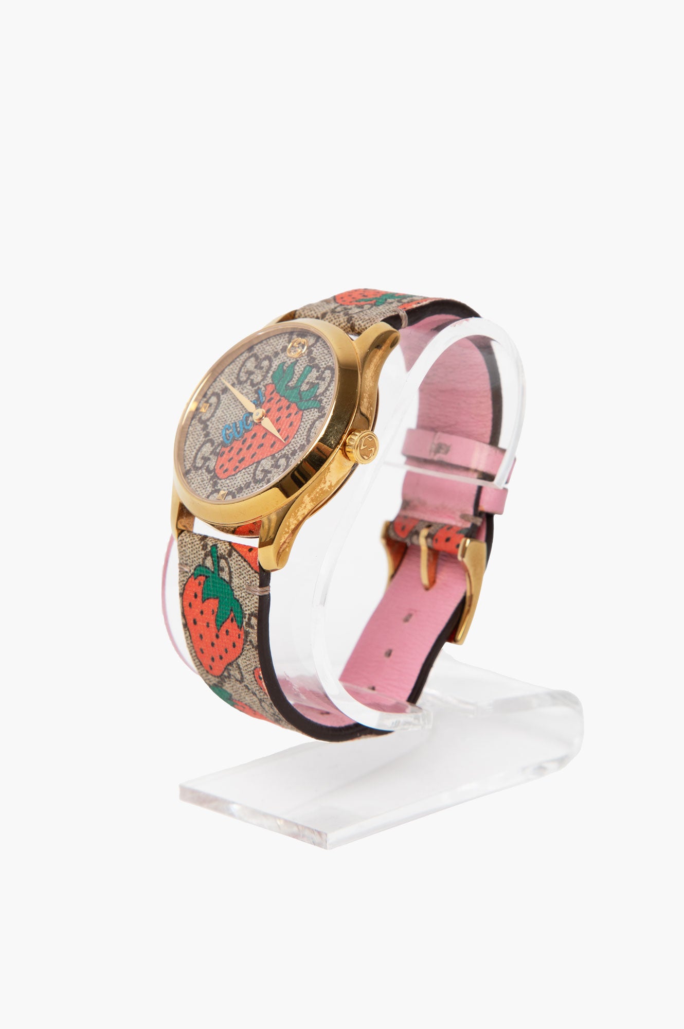 Gucci G-Timeless Strawberry Leather Strap Women's Watch