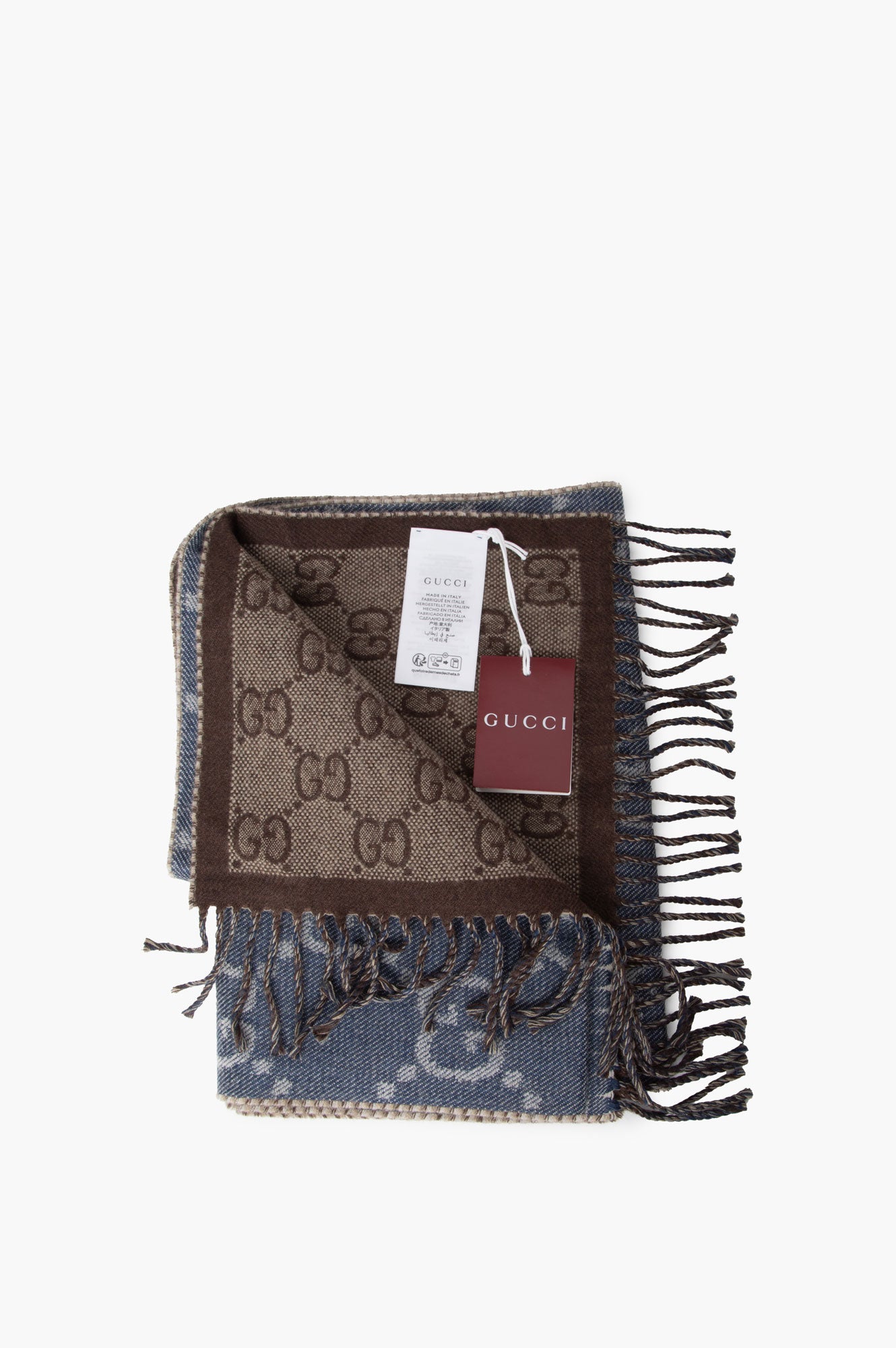 Gucci Blue and Brown GG Wool Scarf