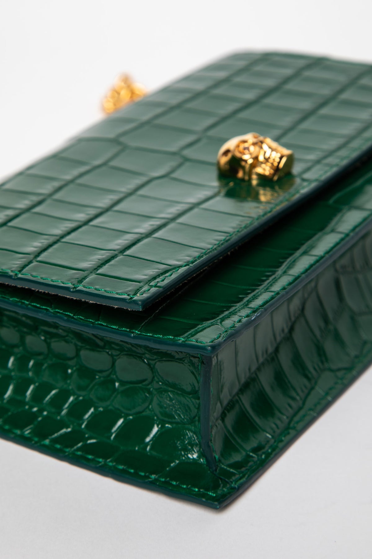 Alexander McQueen Emerald Green Croc-Embossed Skull Mini Bag