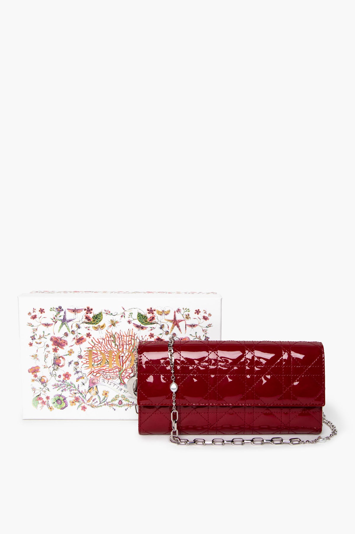 Christian Dior Crimson Patent Cannage Lady Dior Wallet On Chain