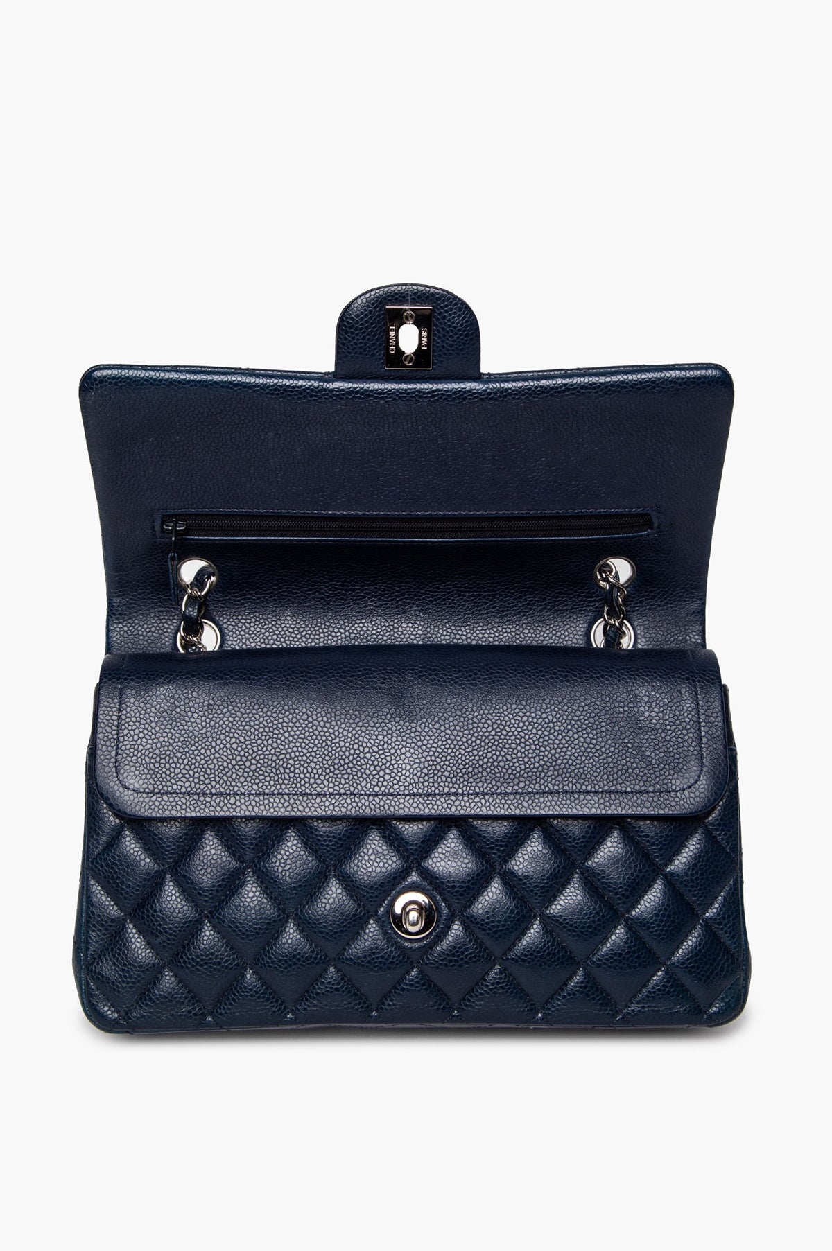 Chanel Navy Blue Caviar Medium Classic Flap SHW
