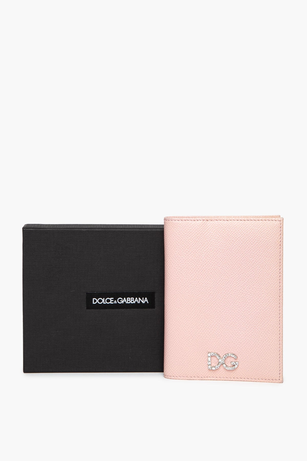 Dolce & Gabbana Pink Textured Leather Crystal Logo Passport Holder