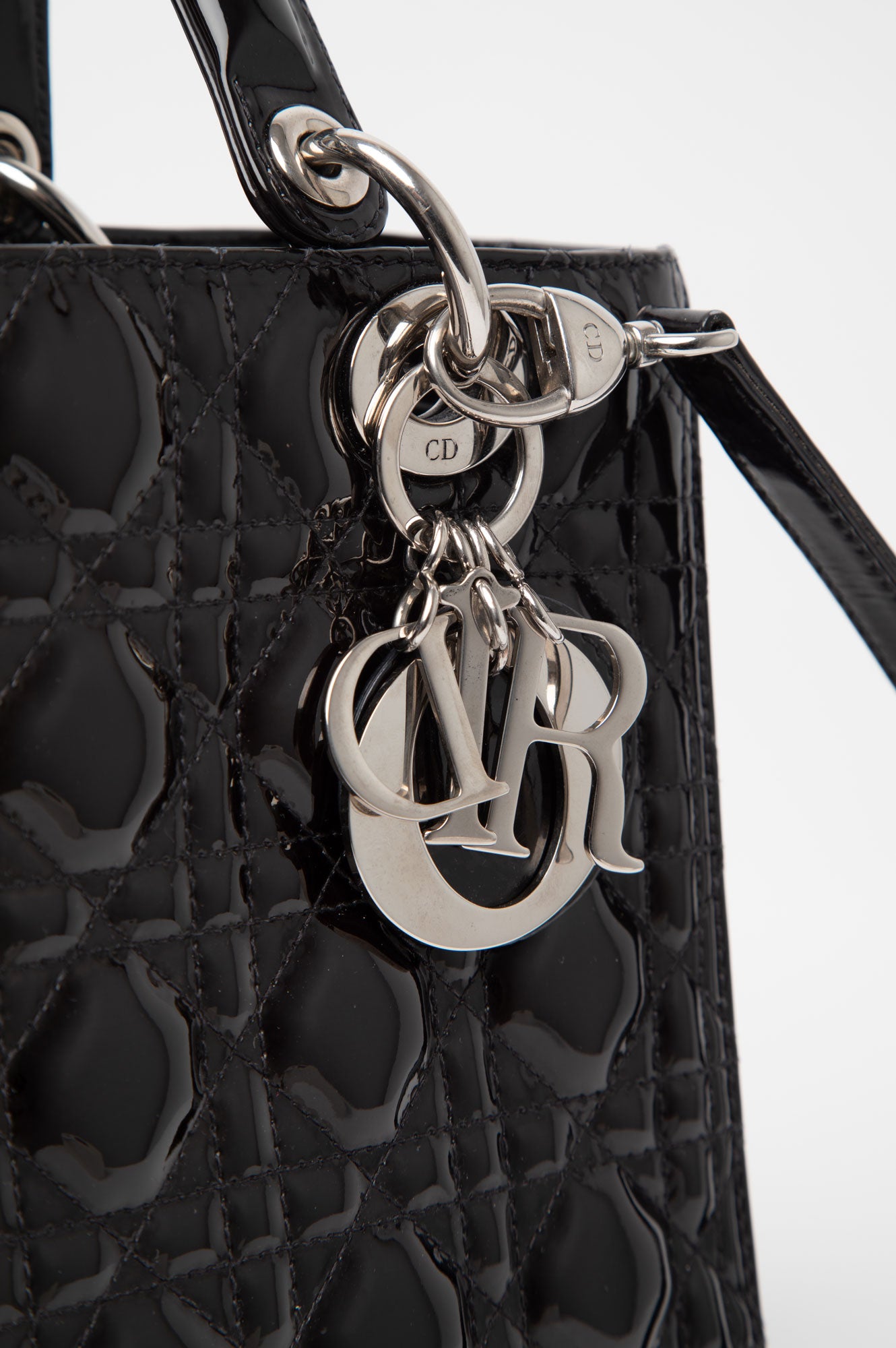 Christian Dior Lady Dior Medium Patent Leather Silver Hardware Handbag