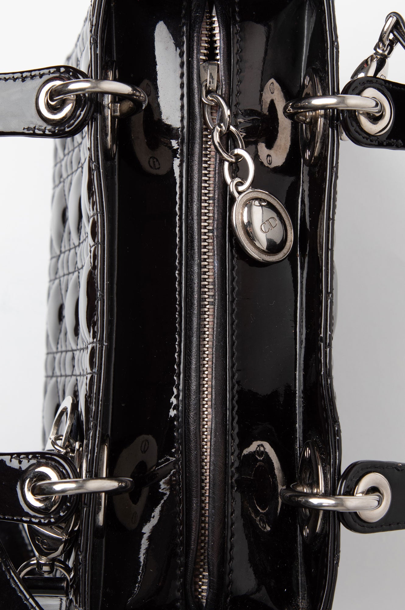 Christian Dior Lady Dior Medium Patent Leather Silver Hardware Handbag