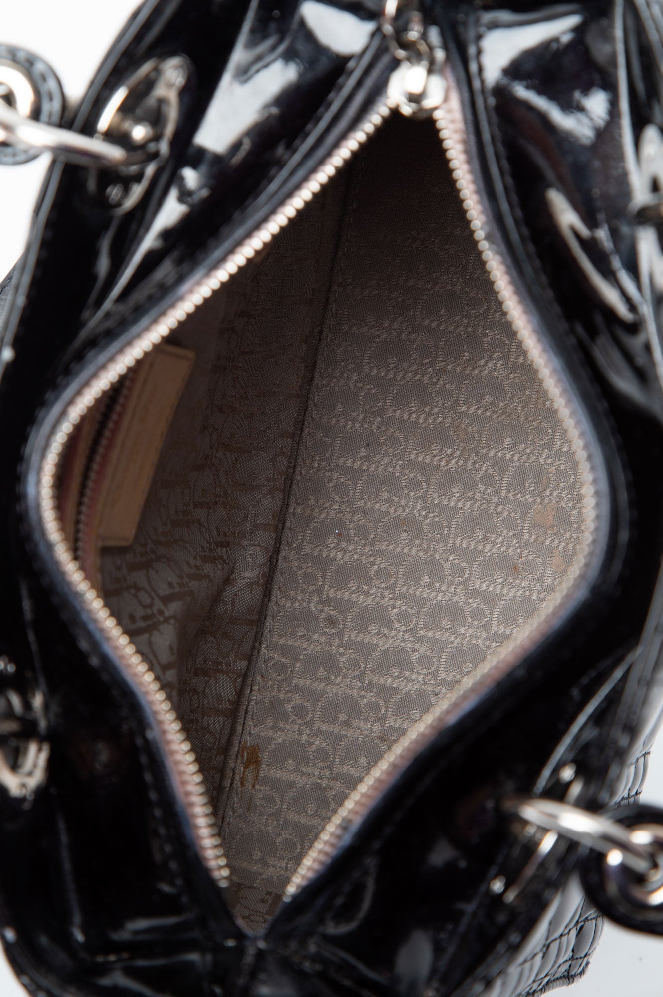 Christian Dior Lady Dior Medium Patent Leather Silver Hardware Handbag