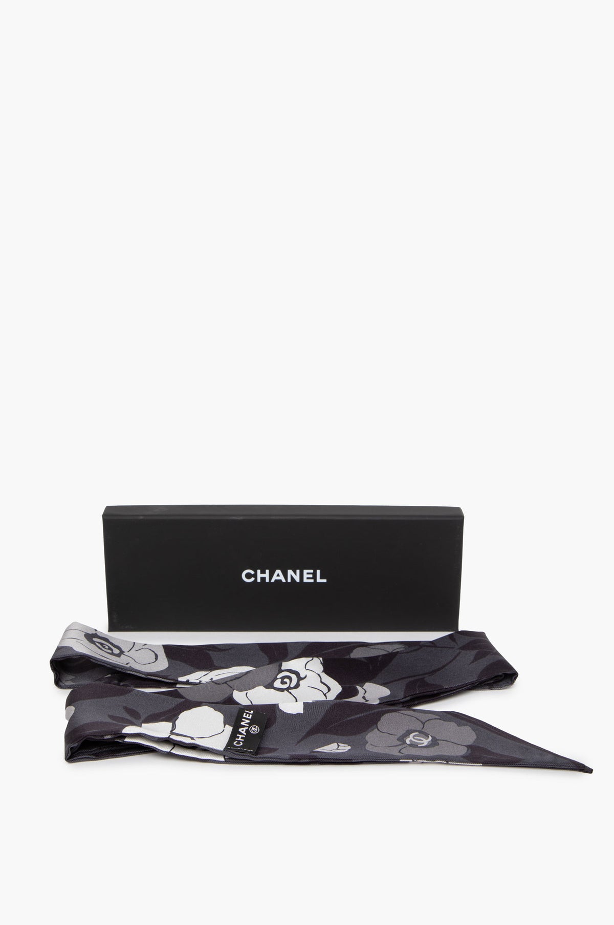 Chanel Grey CC Logo Camellia Print Silk Bandeau Scarf