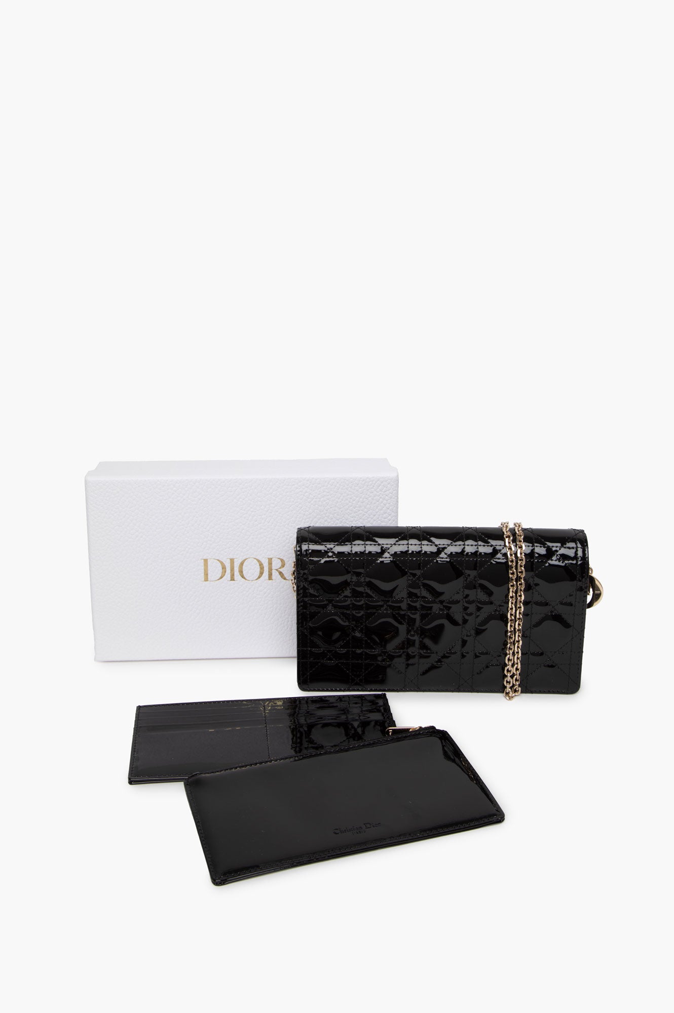 Christian Dior Black Patent Lady Dior Pouch With Chain