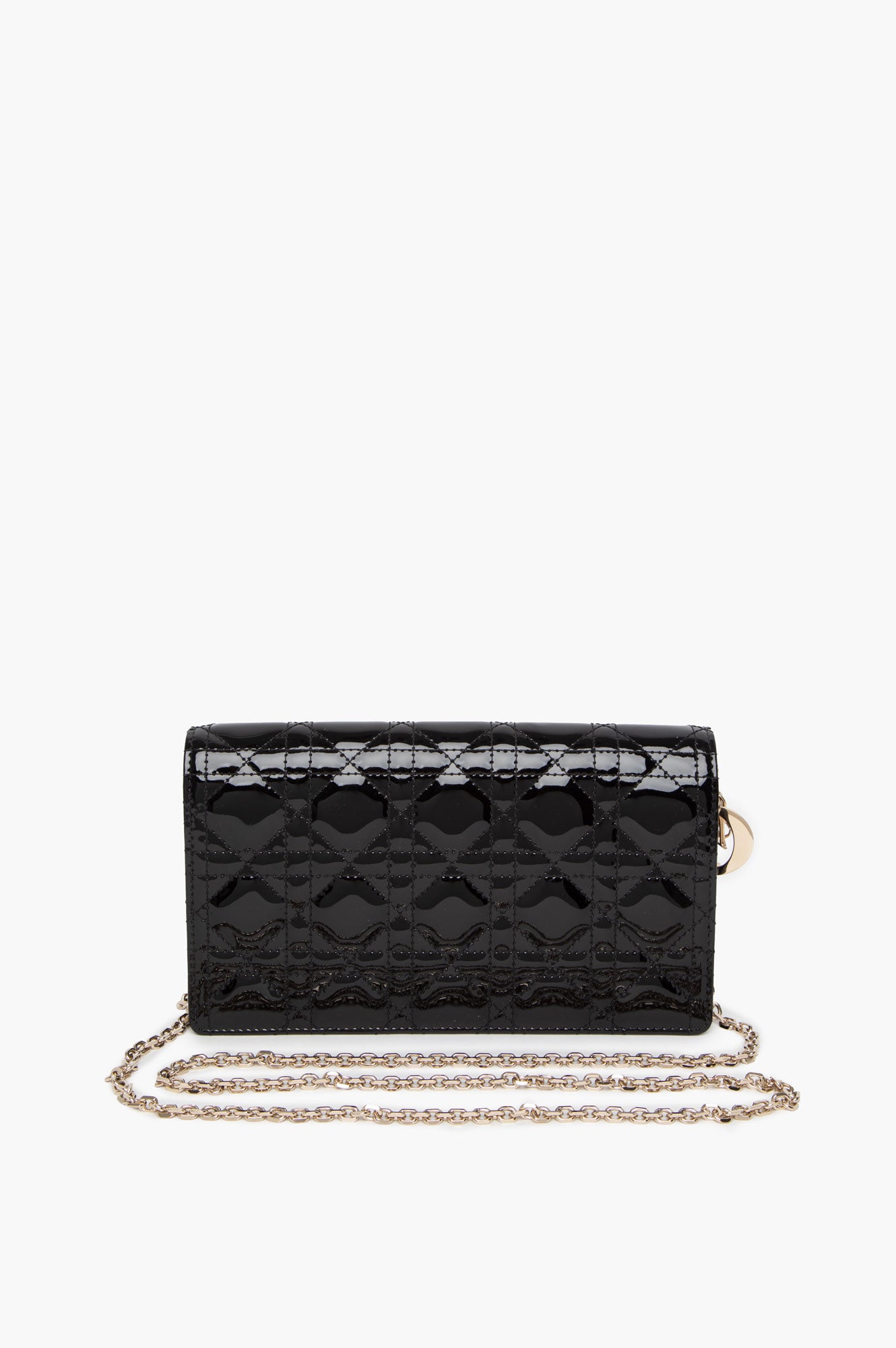 Christian Dior Black Patent Lady Dior Pouch With Chain