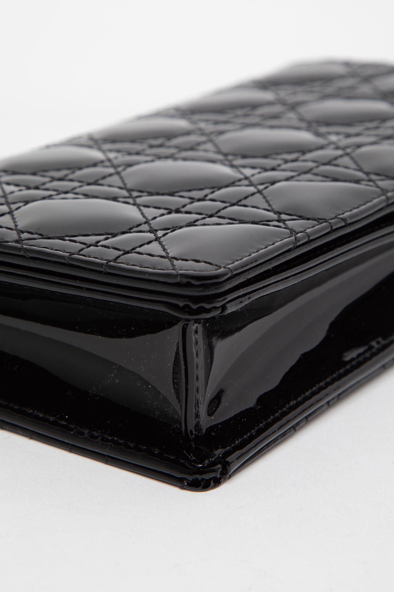 Christian Dior Black Patent Lady Dior Pouch With Chain