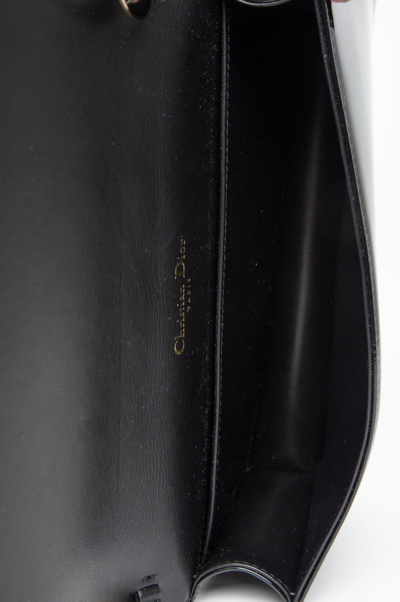 Christian Dior Black Patent Lady Dior Pouch With Chain