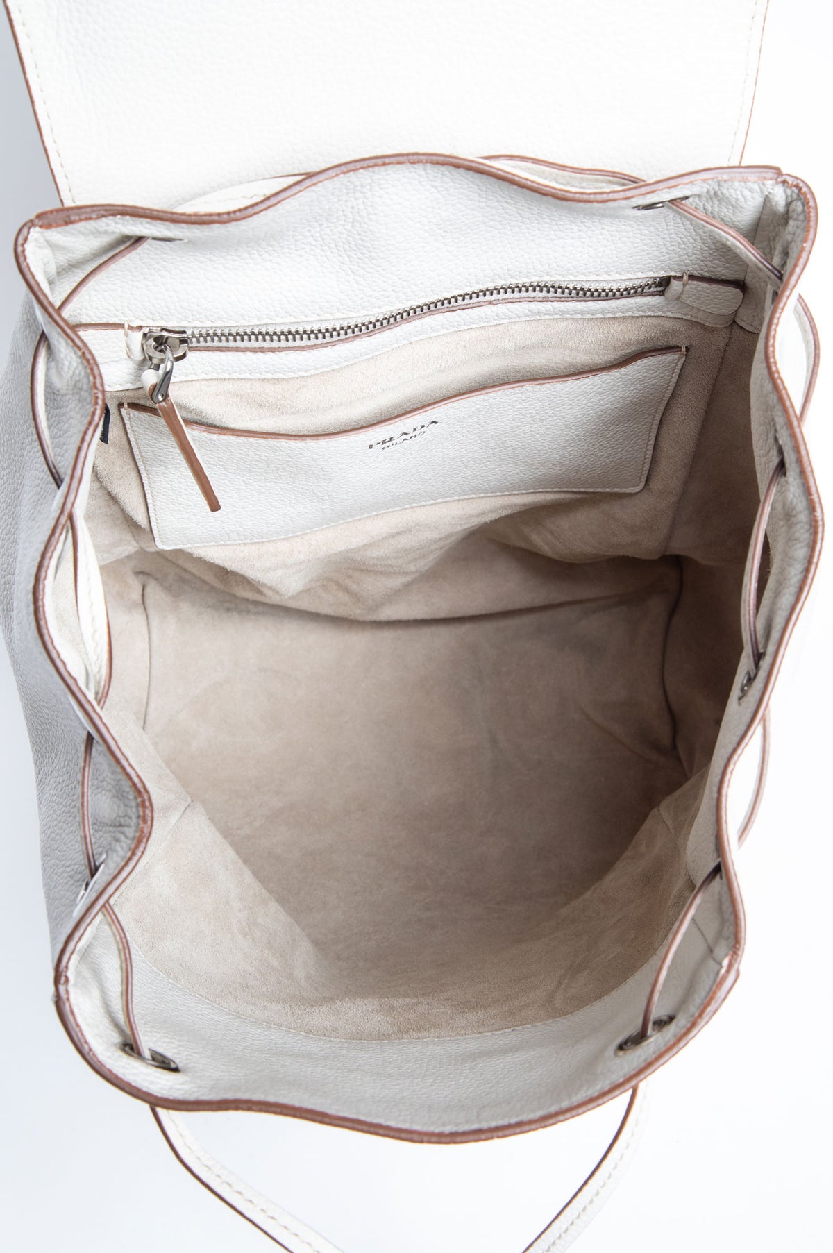Prada White Vitello Daino Drawstring Flap Backpack