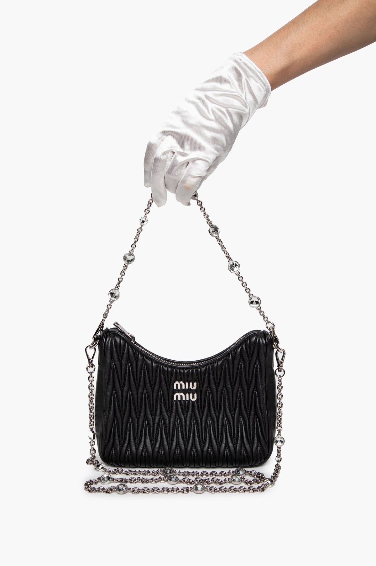 Miu Miu Black Matelassé Nappa Crystal Chain 2-Way Hobo Bag