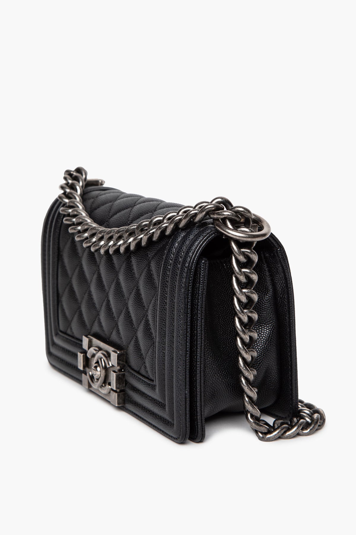 Chanel 2021 Black Caviar Antiqued Silver Hardware Small Boy Bag
