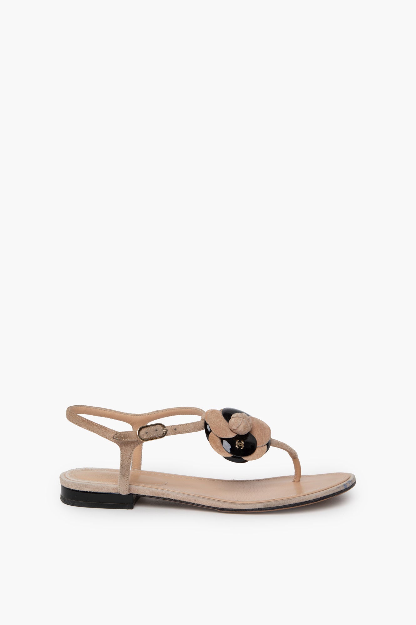 Chanel Beige/Black Camellia Flower Sandals 37.5