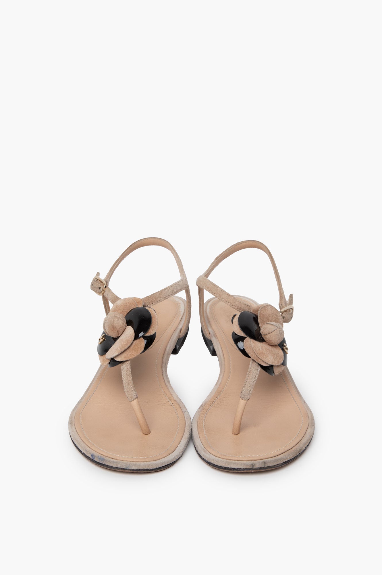 Chanel Beige/Black Camellia Flower Sandals 37.5
