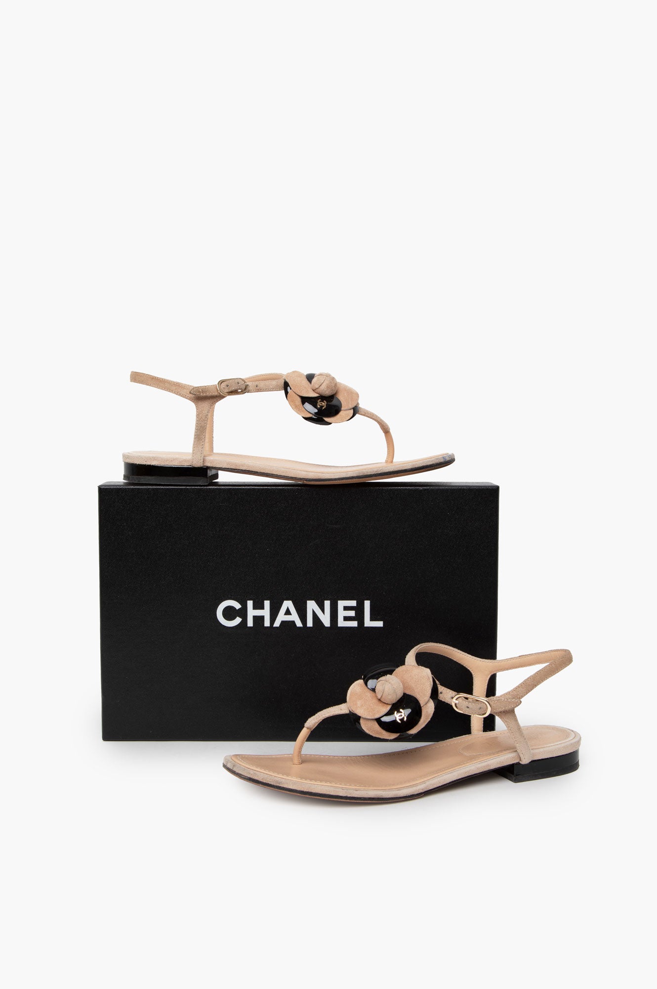 Chanel Beige/Black Camellia Flower Sandals 37.5