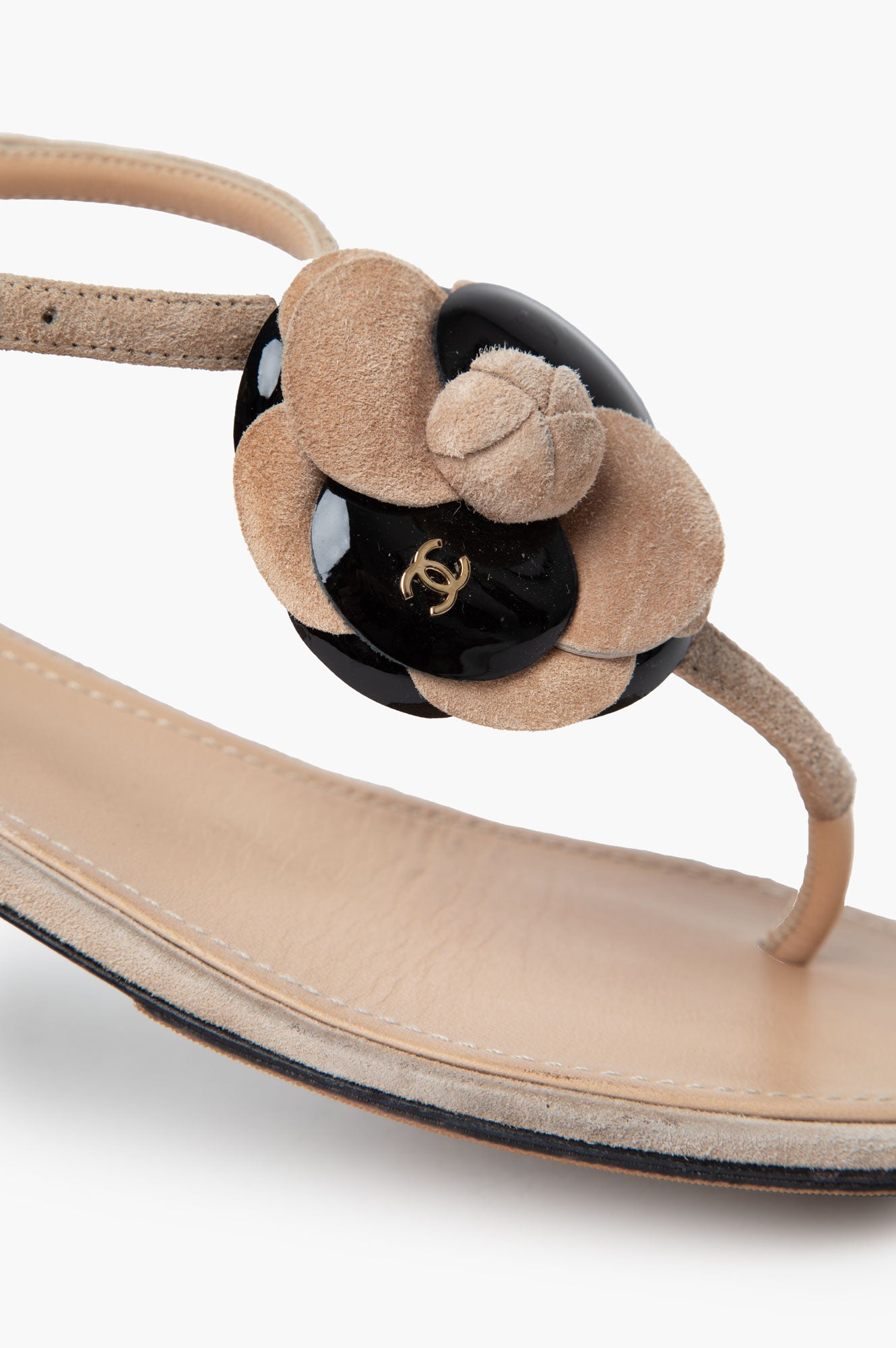 Chanel Beige/Black Camellia Flower Sandals 37.5