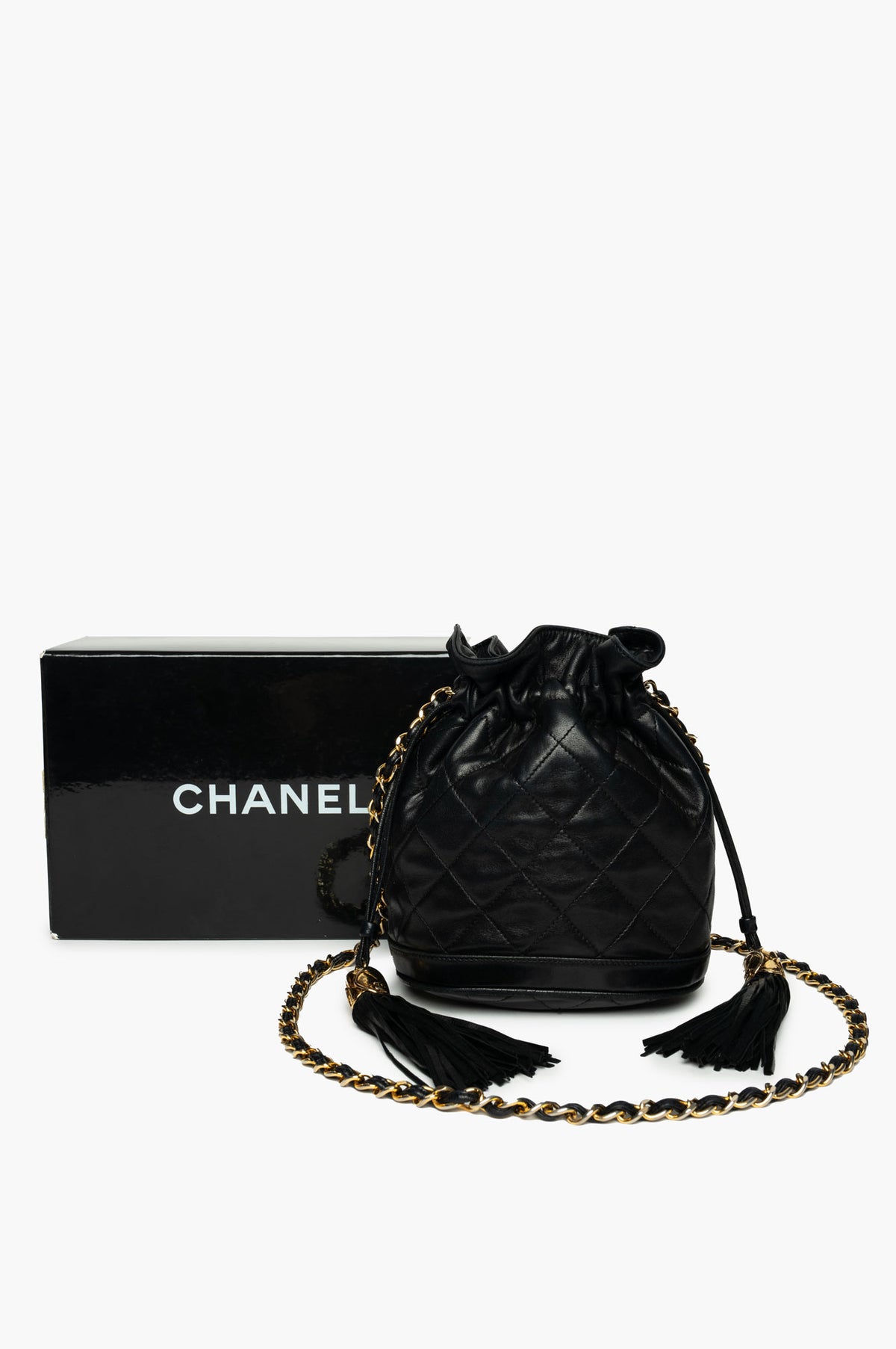 Chanel Vintage 1989 Black Lambskin Quilted Tassel Bucket Bag