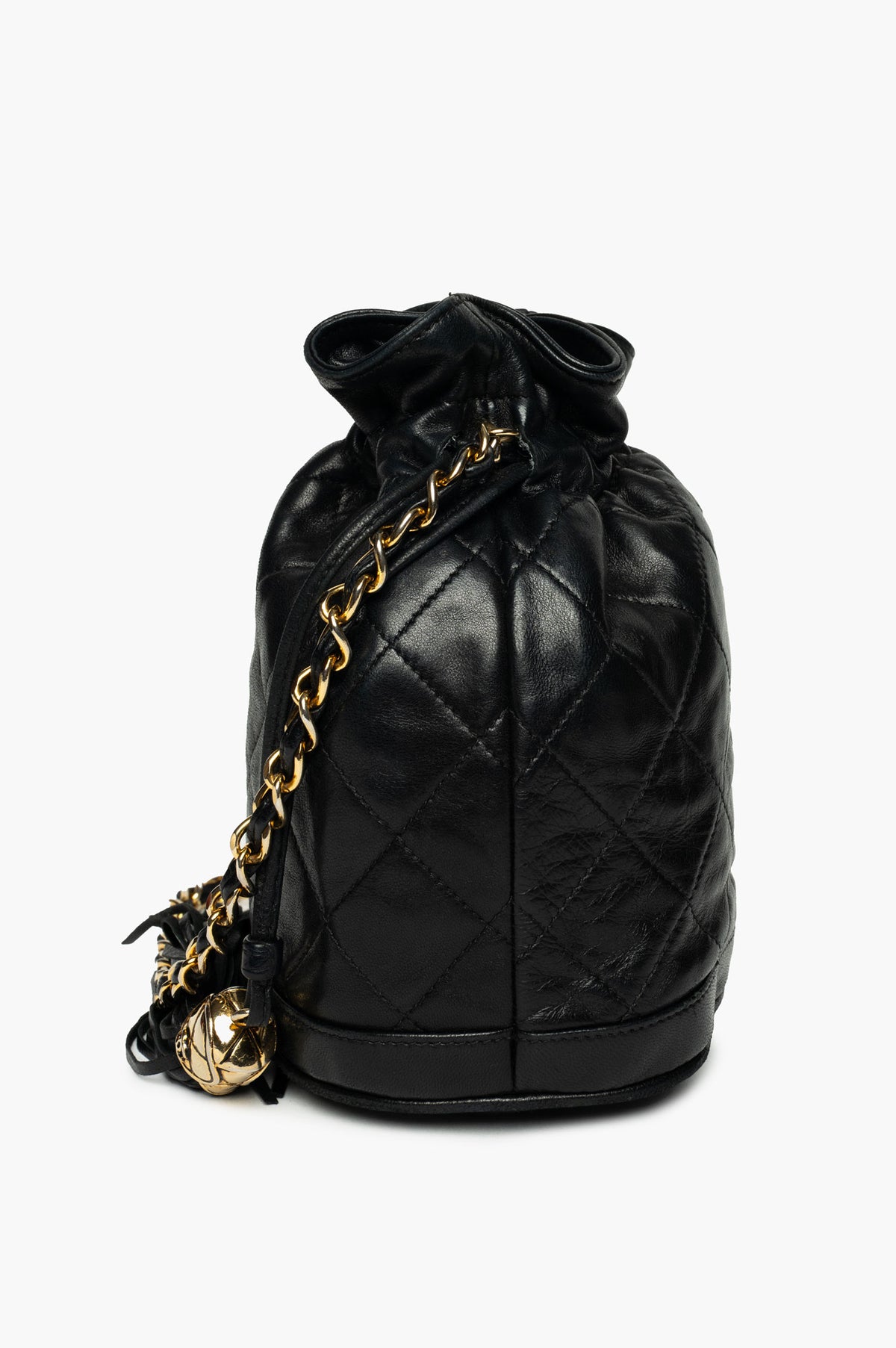 Chanel Vintage 1989 Black Lambskin Quilted Tassel Bucket Bag