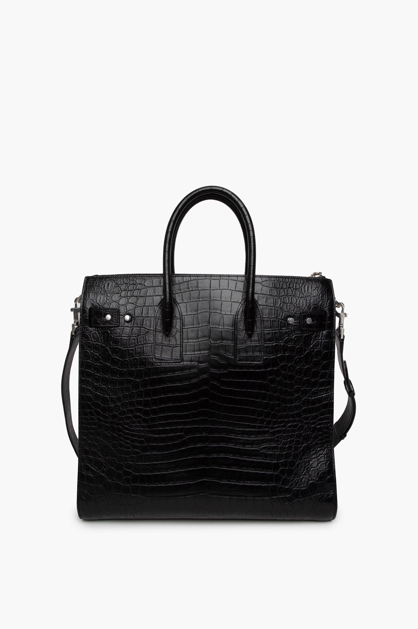 Saint Laurent Black Calfskin Croc Embossed Tote Bag