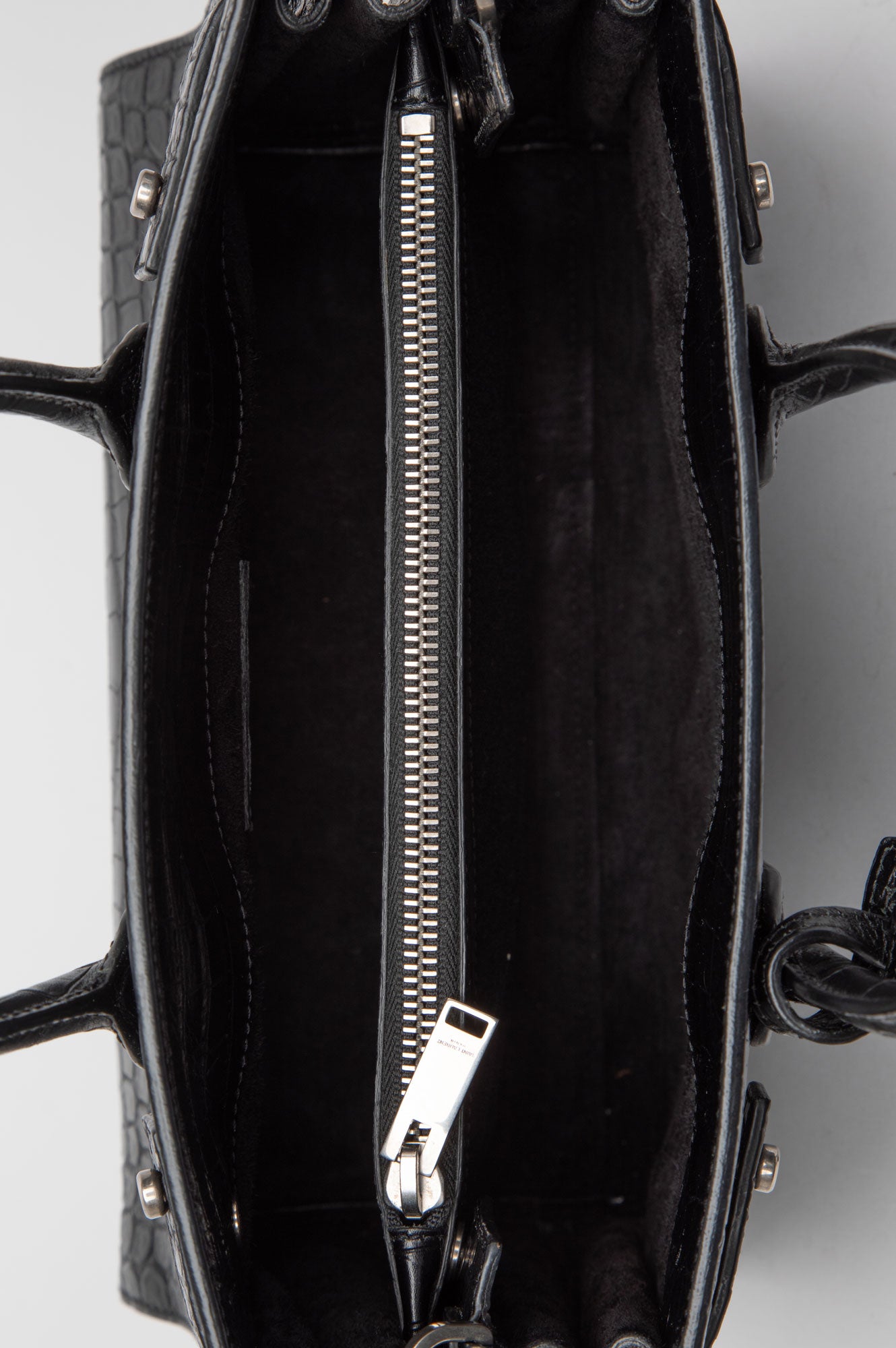 Saint Laurent Black Croc Embossed Sac De Jour Bag