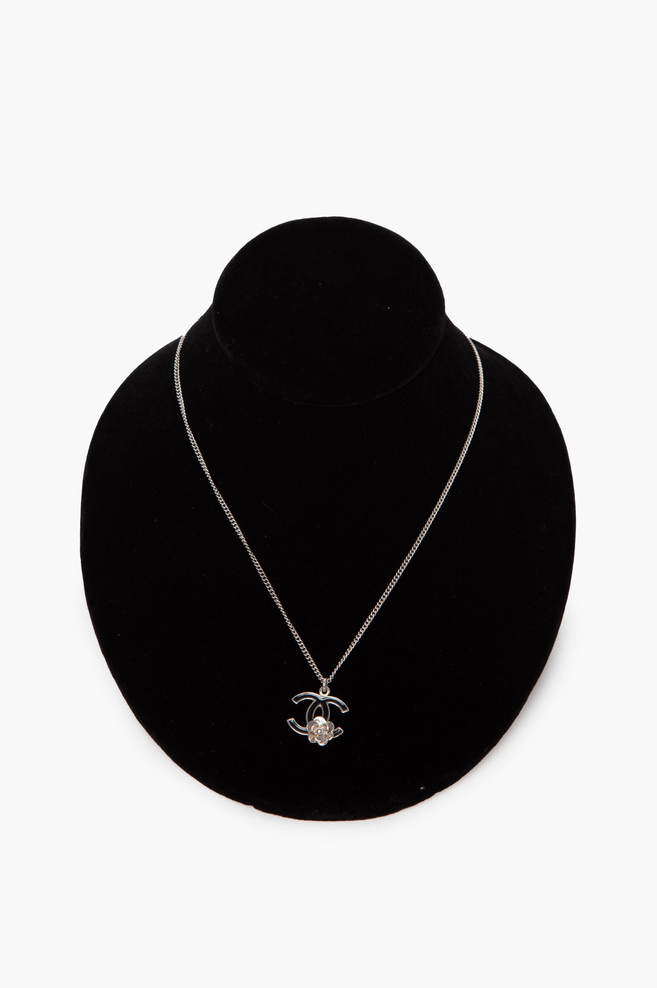 Chanel Silver With Black CC Logo Camellia Necklace