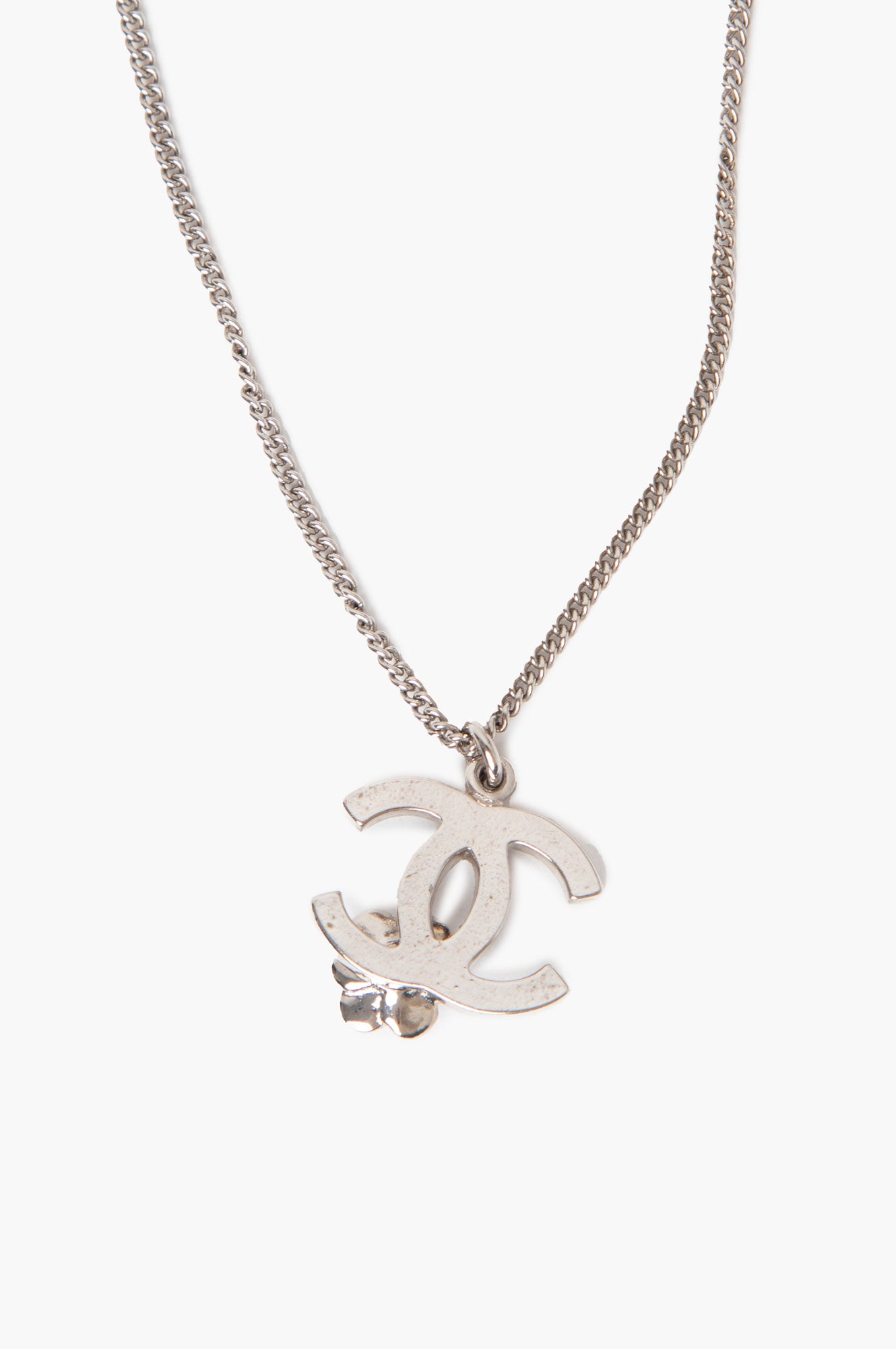 Chanel Silver With Black CC Logo Camellia Necklace