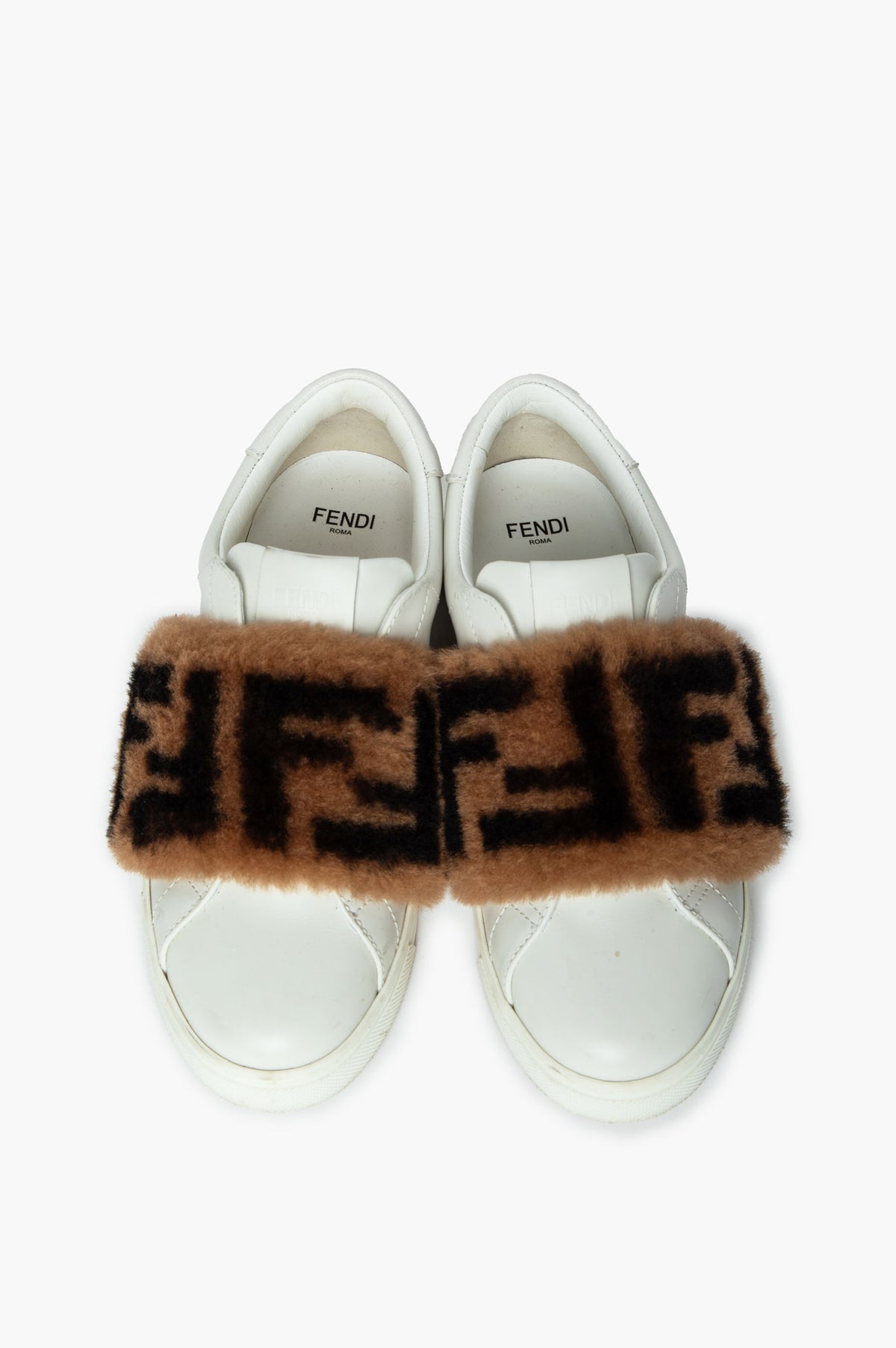 Fendi White Leather Shearling FF Slip-On Sneakers Size 35