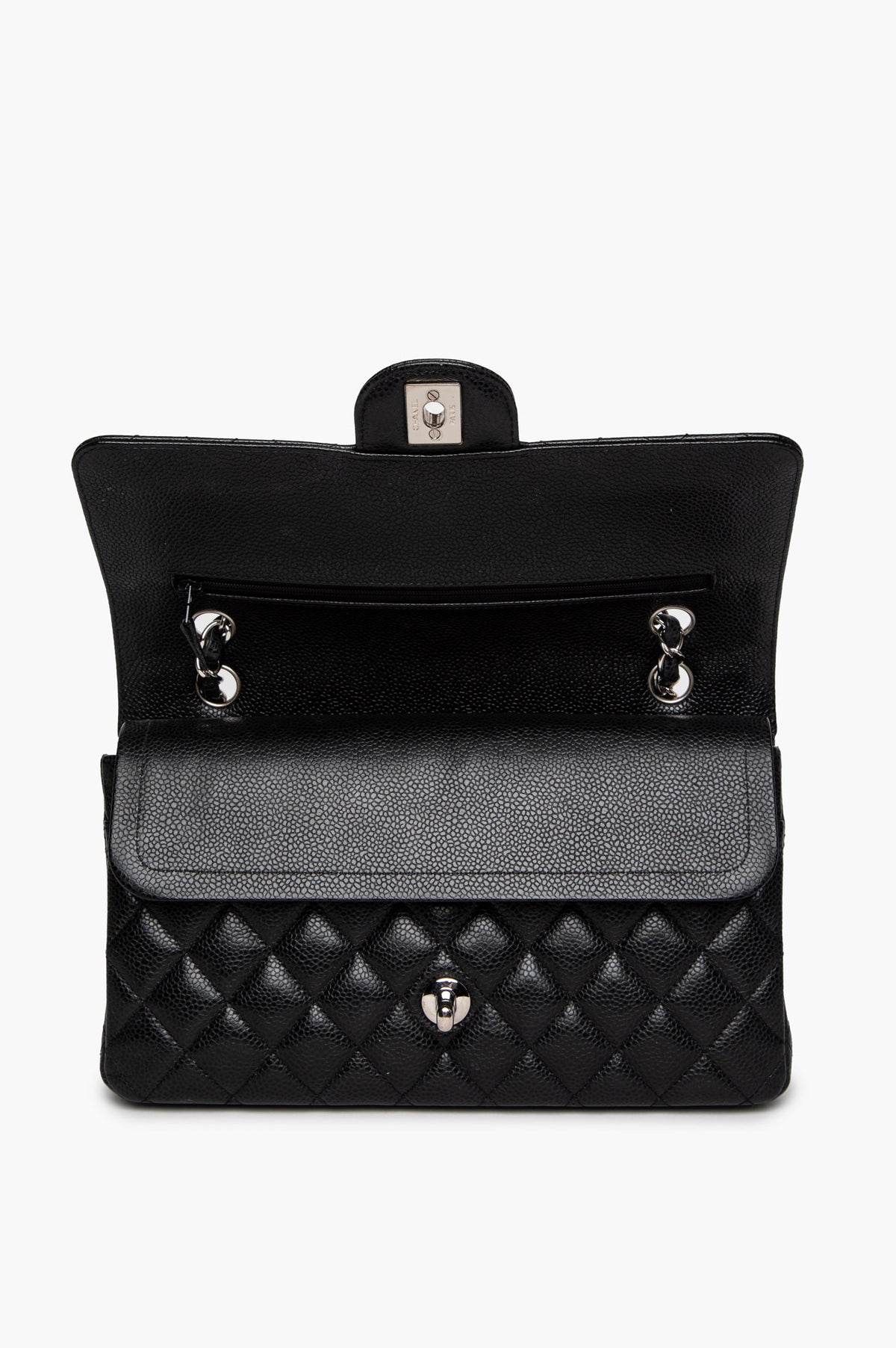 Chanel Black Caviar Silver Hardware Medium Classic Flap Bag