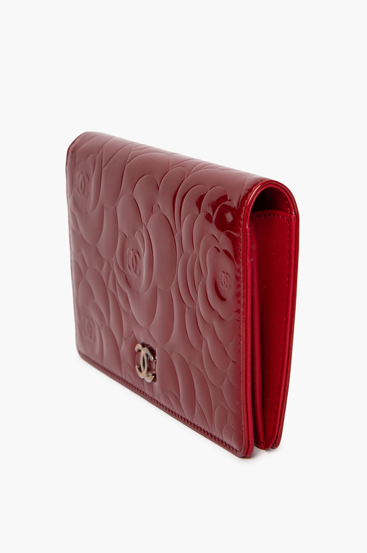 Chanel Red Patent Camellia Embossed Wallet