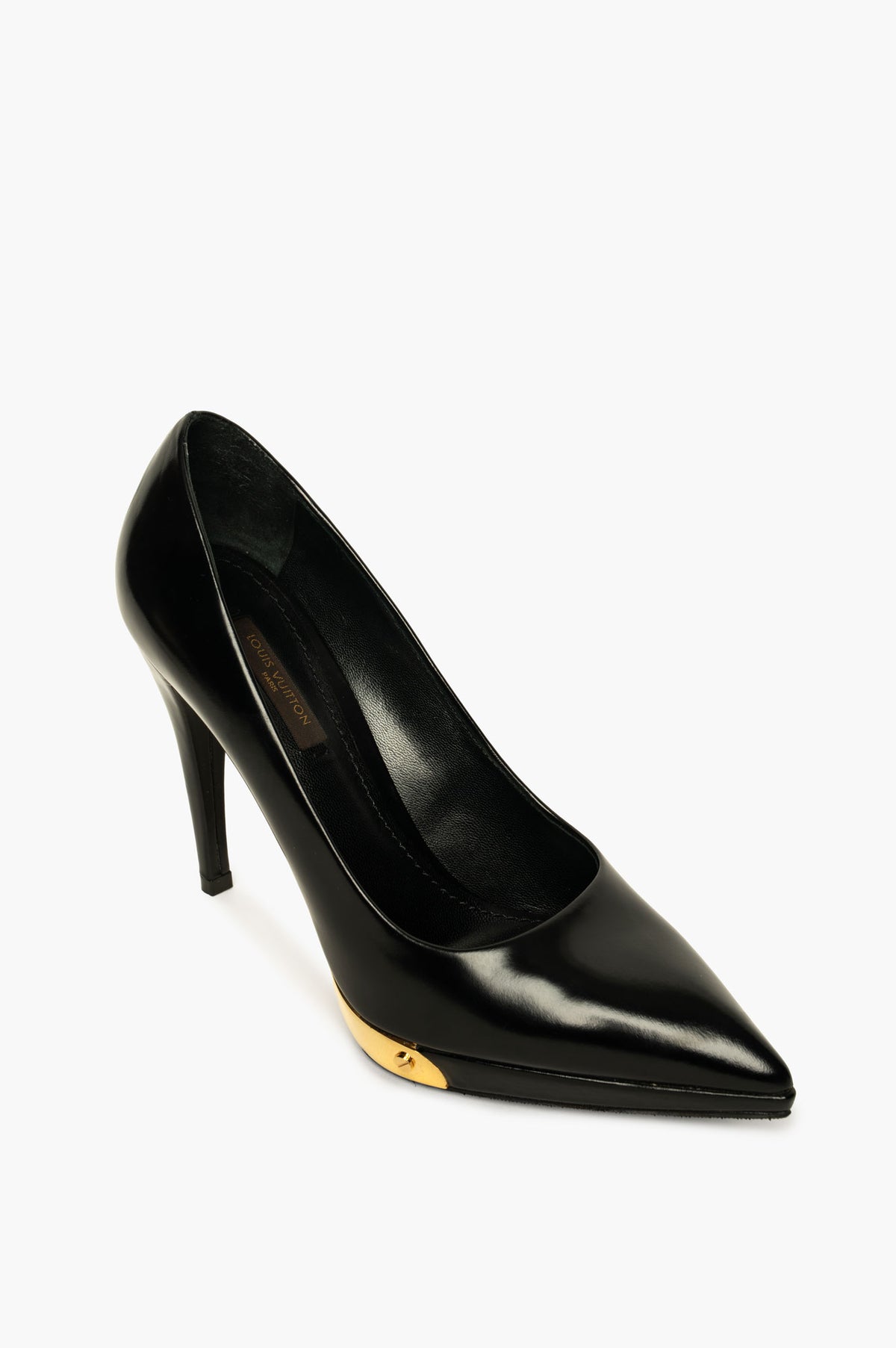 Louis Vuitton Black Leather Gold Metal Panel Pumps