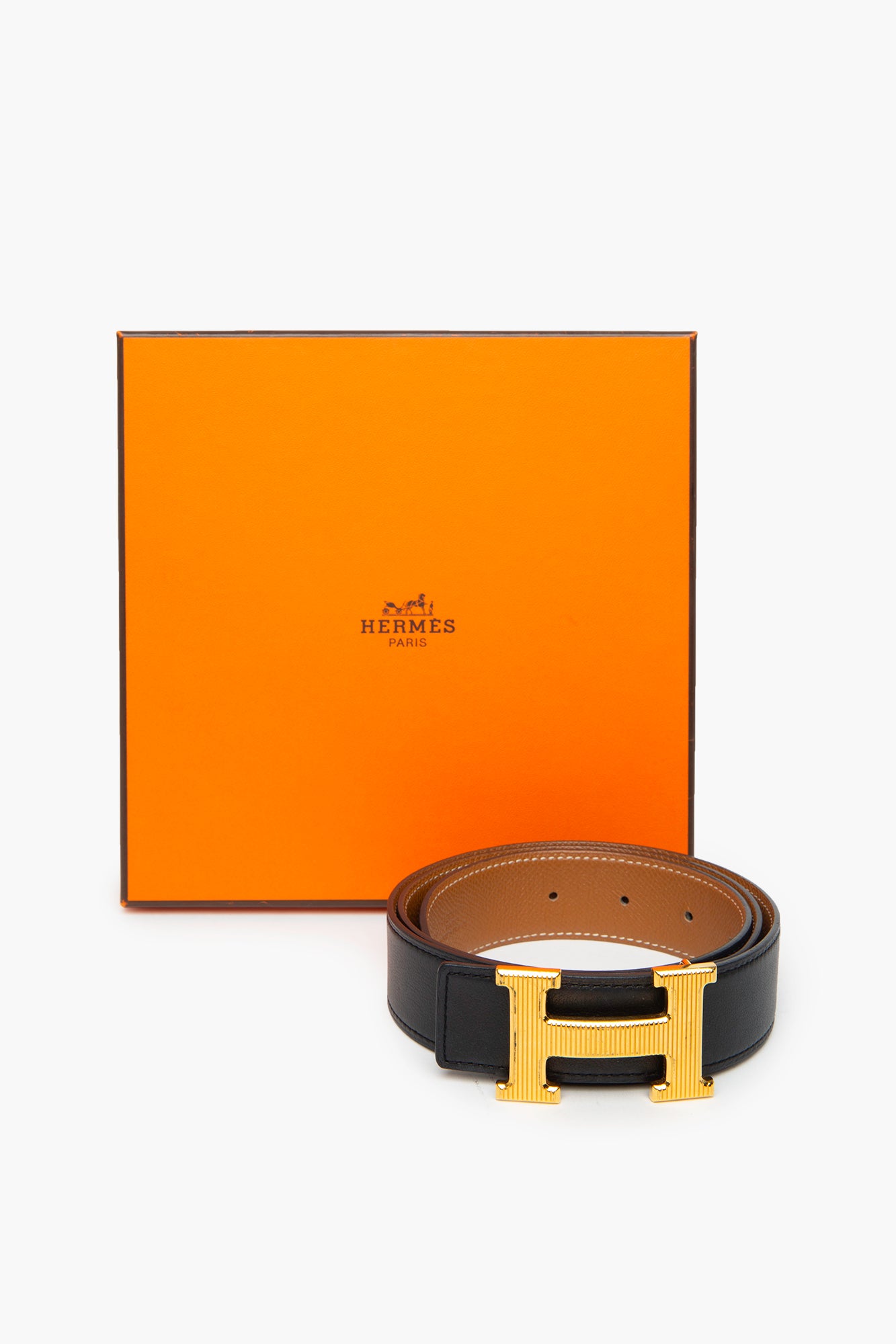 Hermès Black/Gold Reversible H Buckle Belt Size 85
