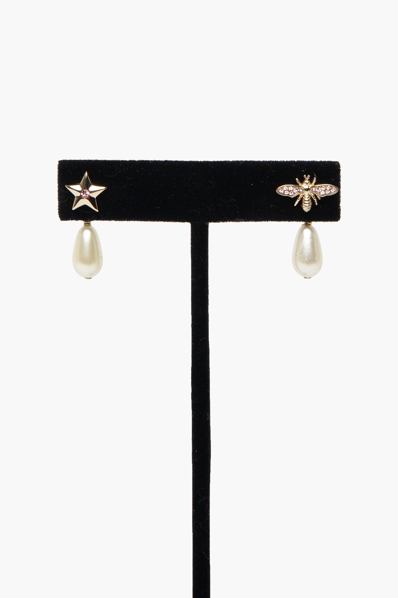 Christian Dior Gold Tone Pink Crystal Bee Star Pearl Earrings