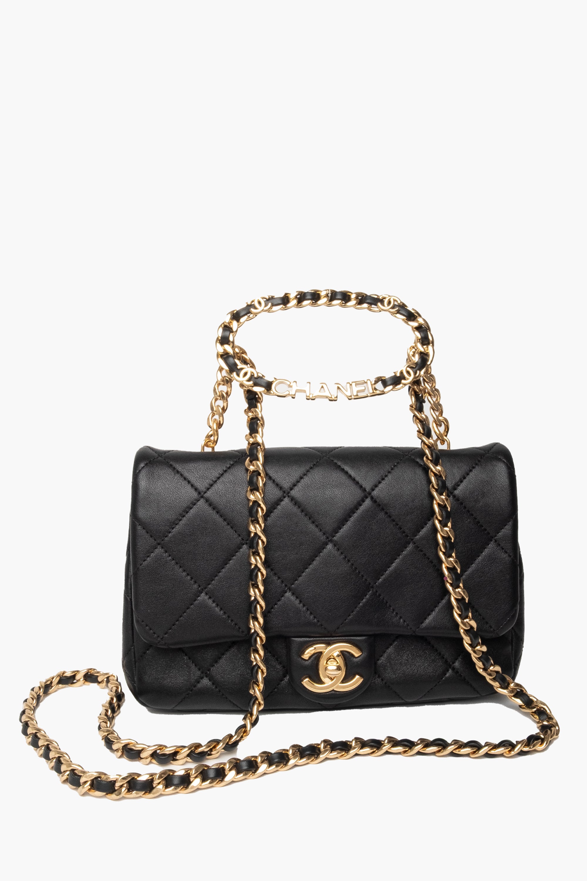 Chanel Black 23C Round Top Handle Mini Flap Bag