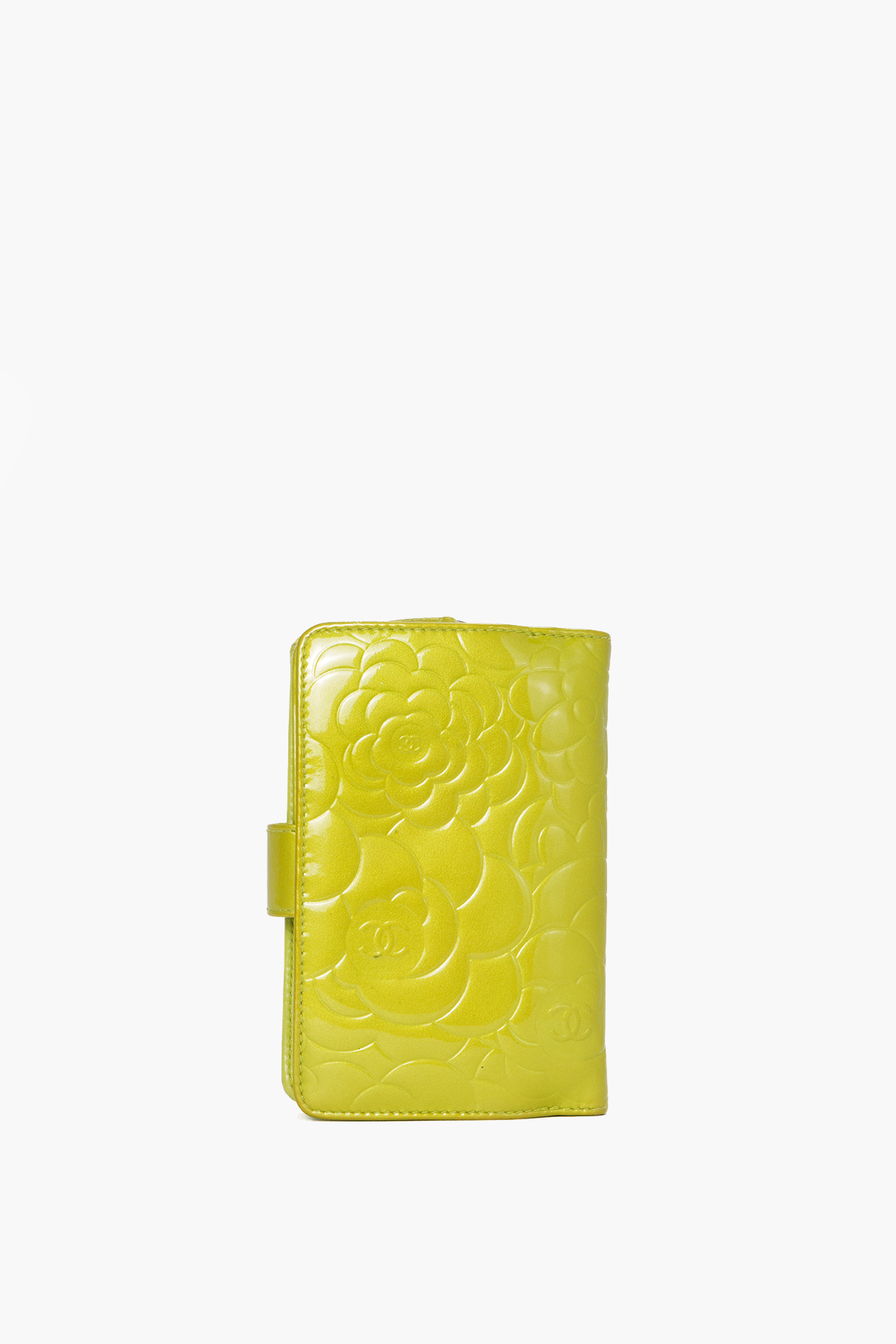 Chanel Camellia Embossed Chartreuse Pearl Patent Wallet