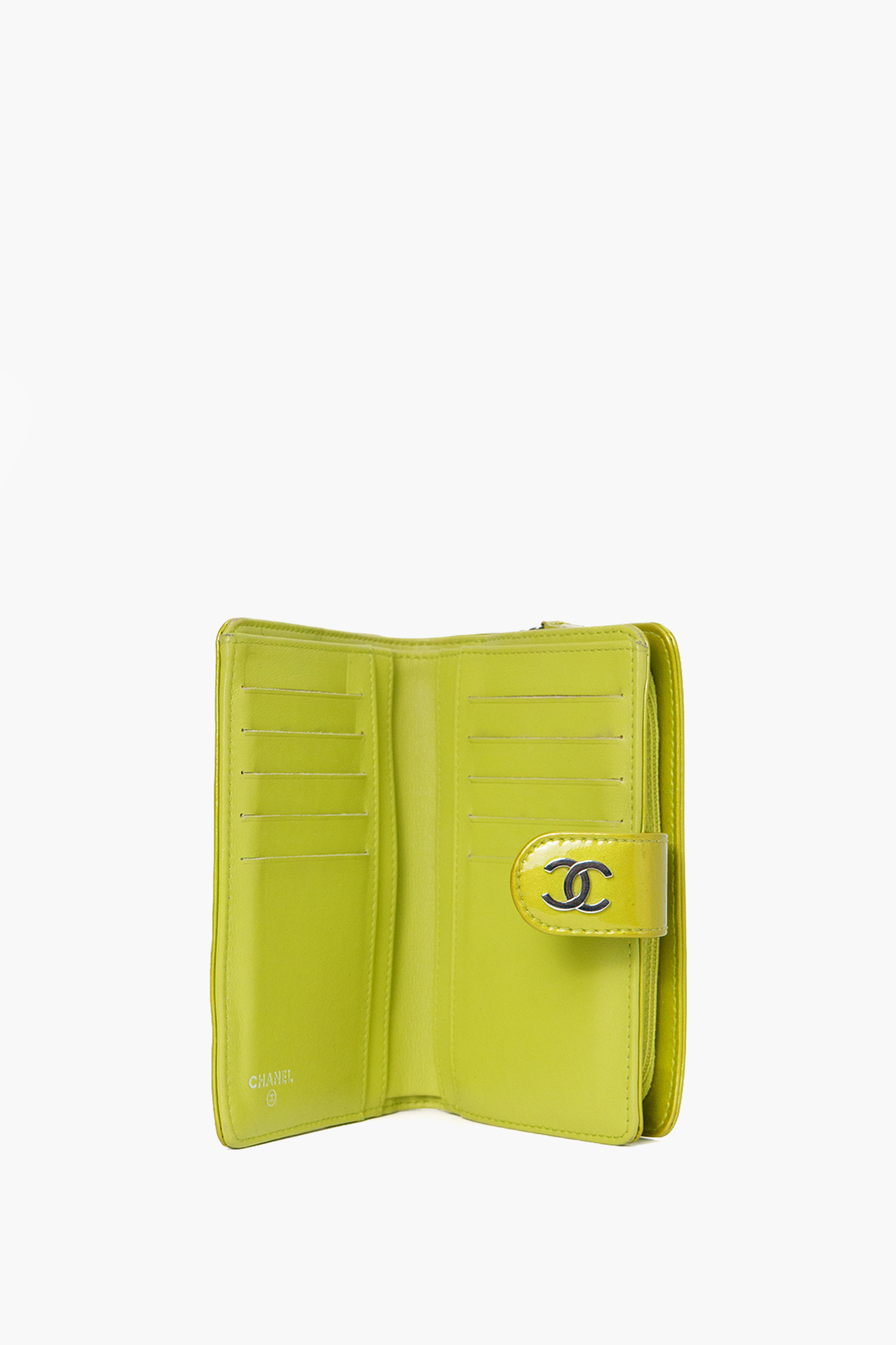Chanel Camellia Embossed Chartreuse Pearl Patent Wallet
