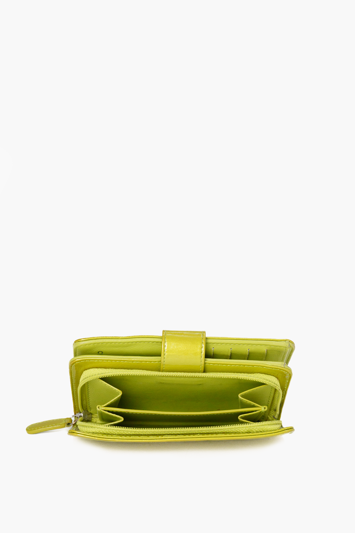 Chanel Camellia Embossed Chartreuse Pearl Patent Wallet