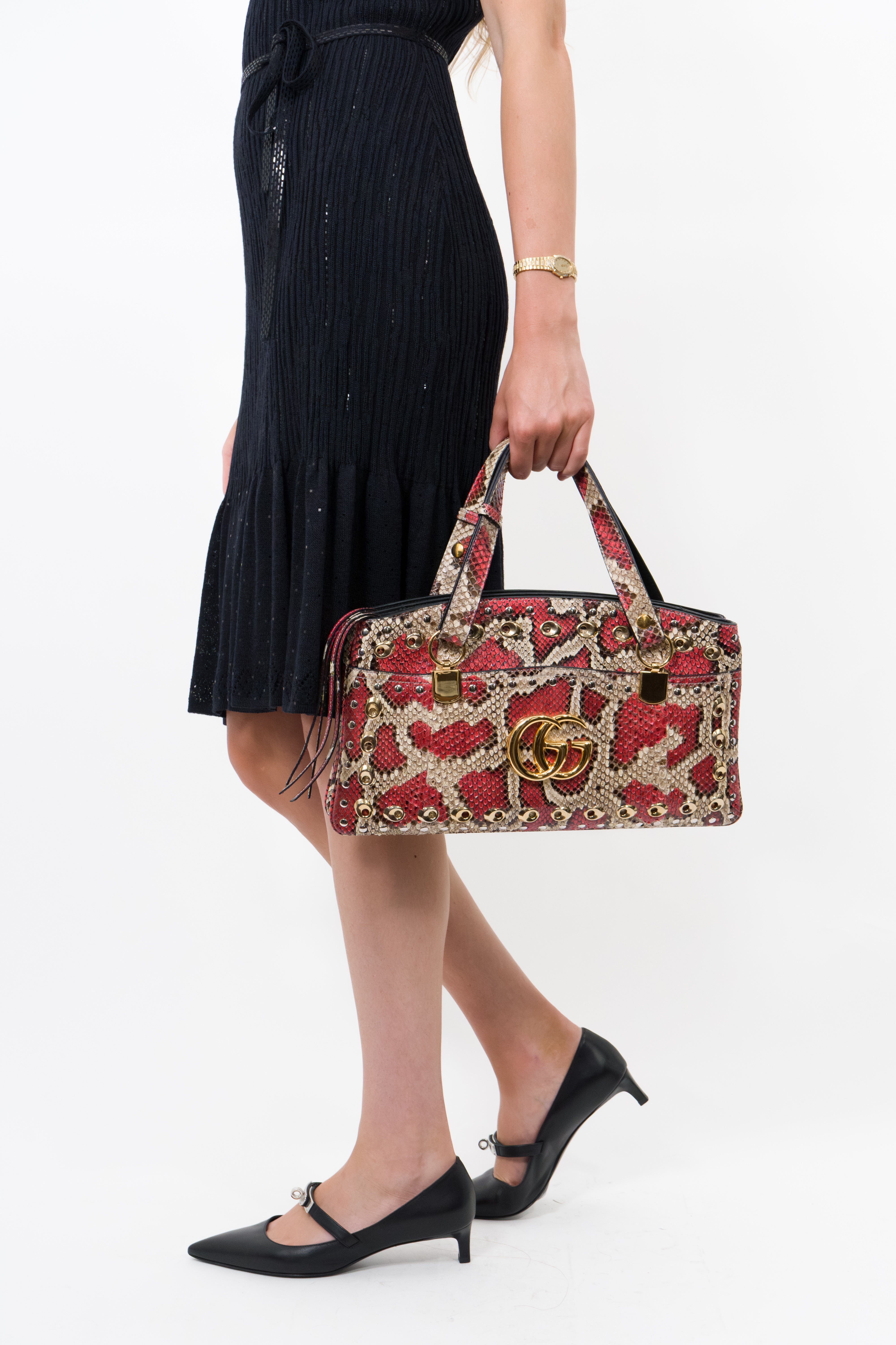 Gucci Red Snakeskin Arli Top Handle Bag