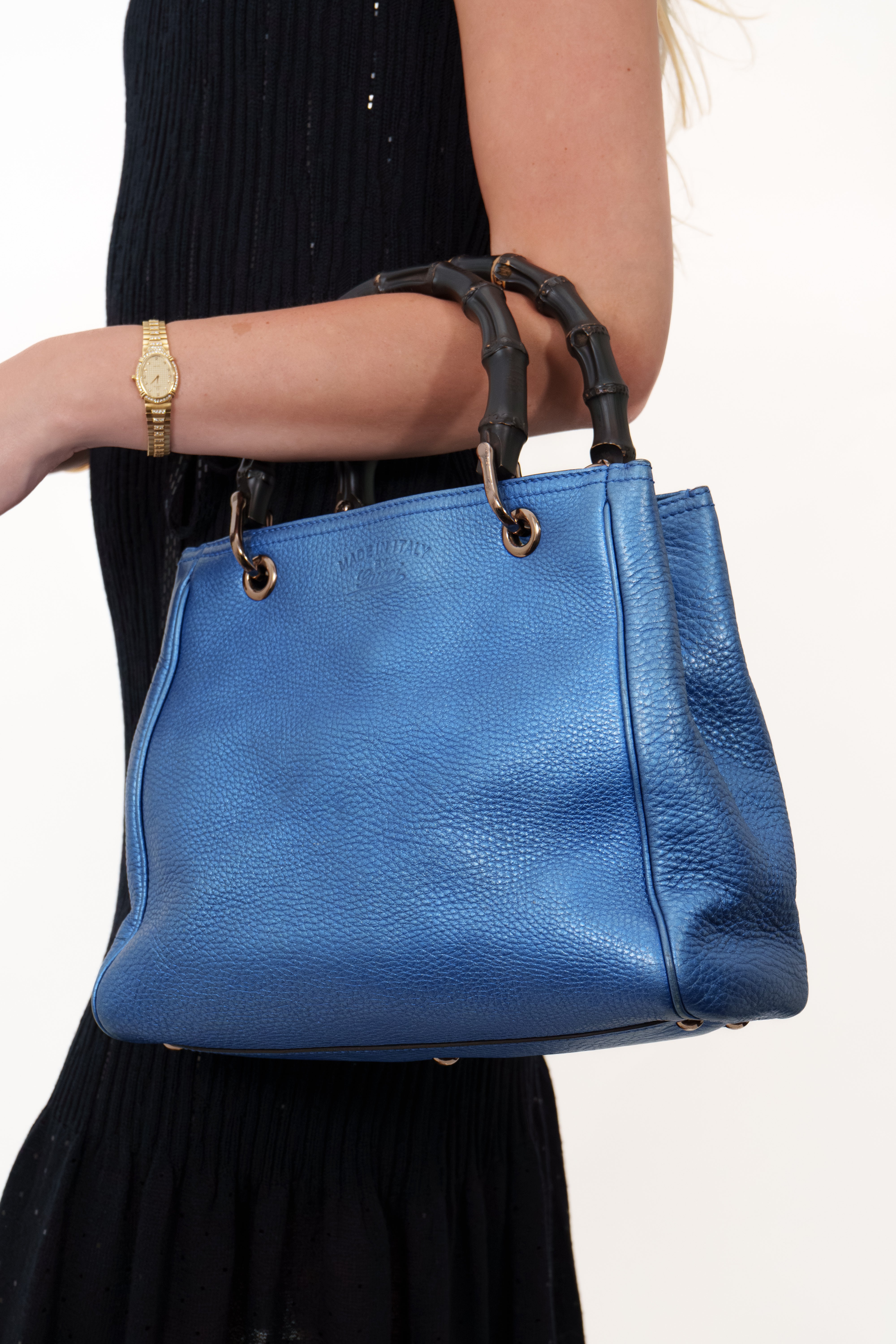 Gucci Metallic Blue Bag Medium Shopper Tote With Strap
