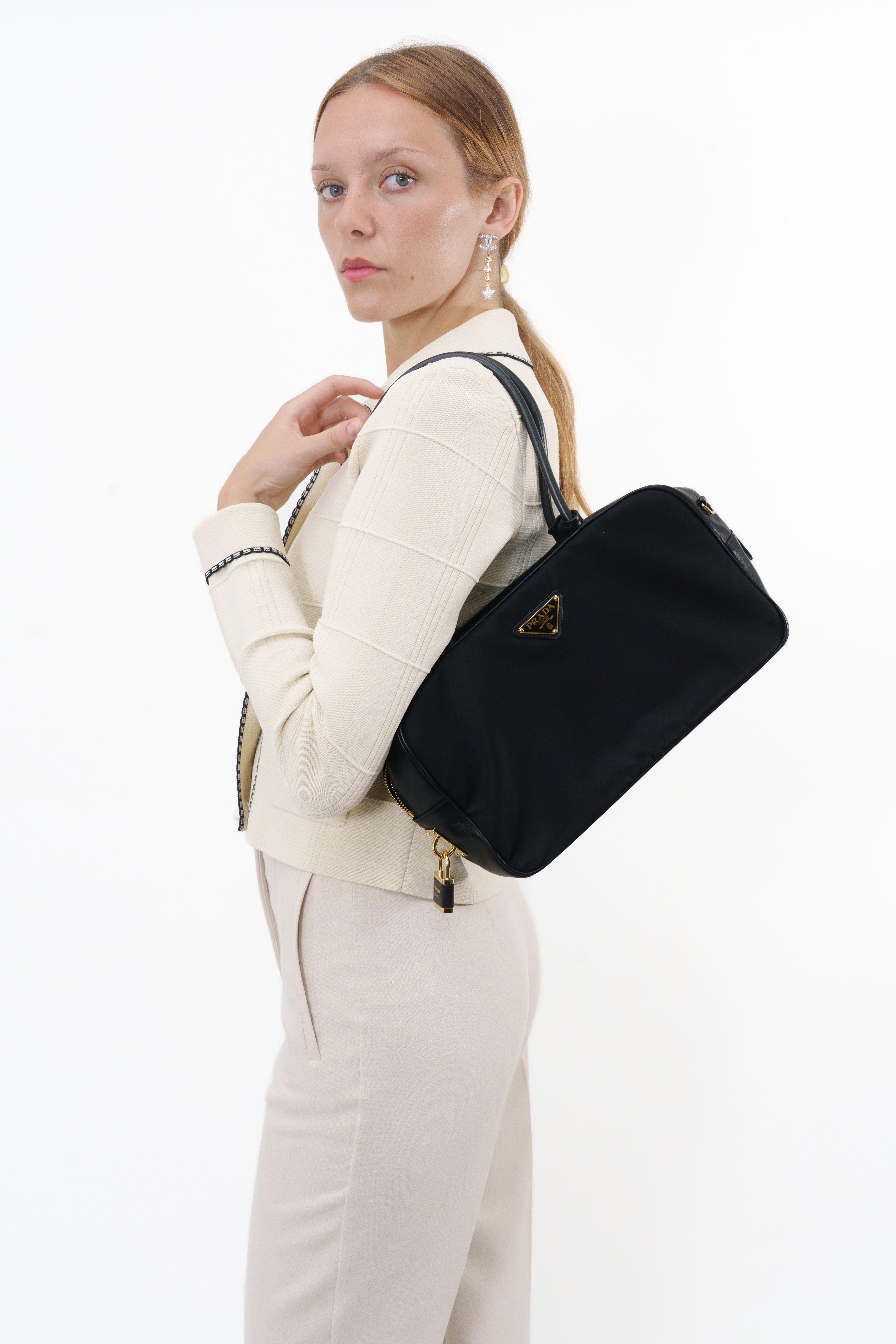 Prada Black Re-Nylon and Leather Top Handle Bag