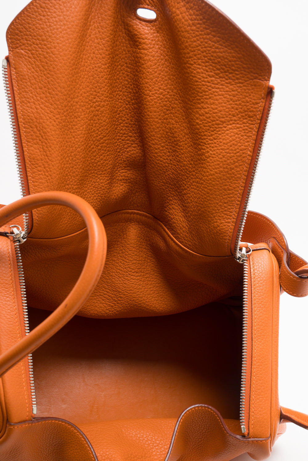 Inside view of Hermes Orange Lindy 34 Clemence Leather