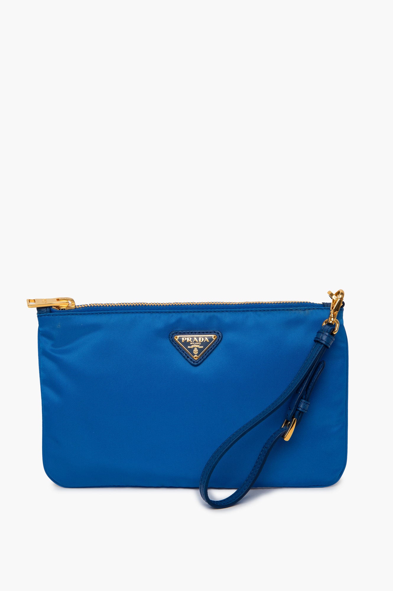 Prada Gold Tone Enamel Logo Blue Tessuto Nylon Wristlet Pouch