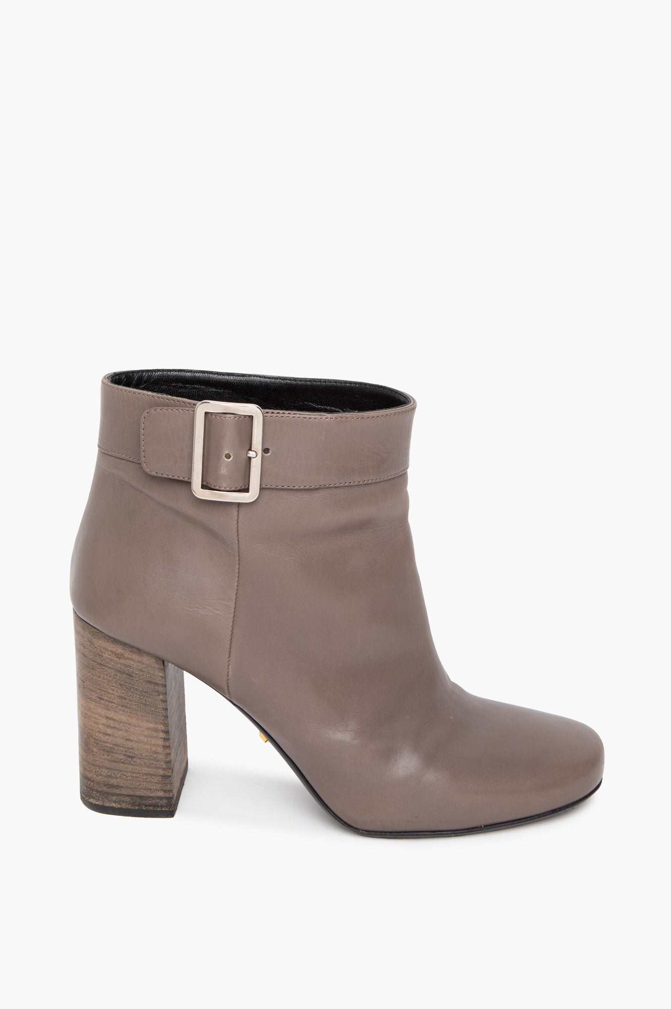 Prada Grey Leather Buckle Ankle Stacked Heel Booties Size 37