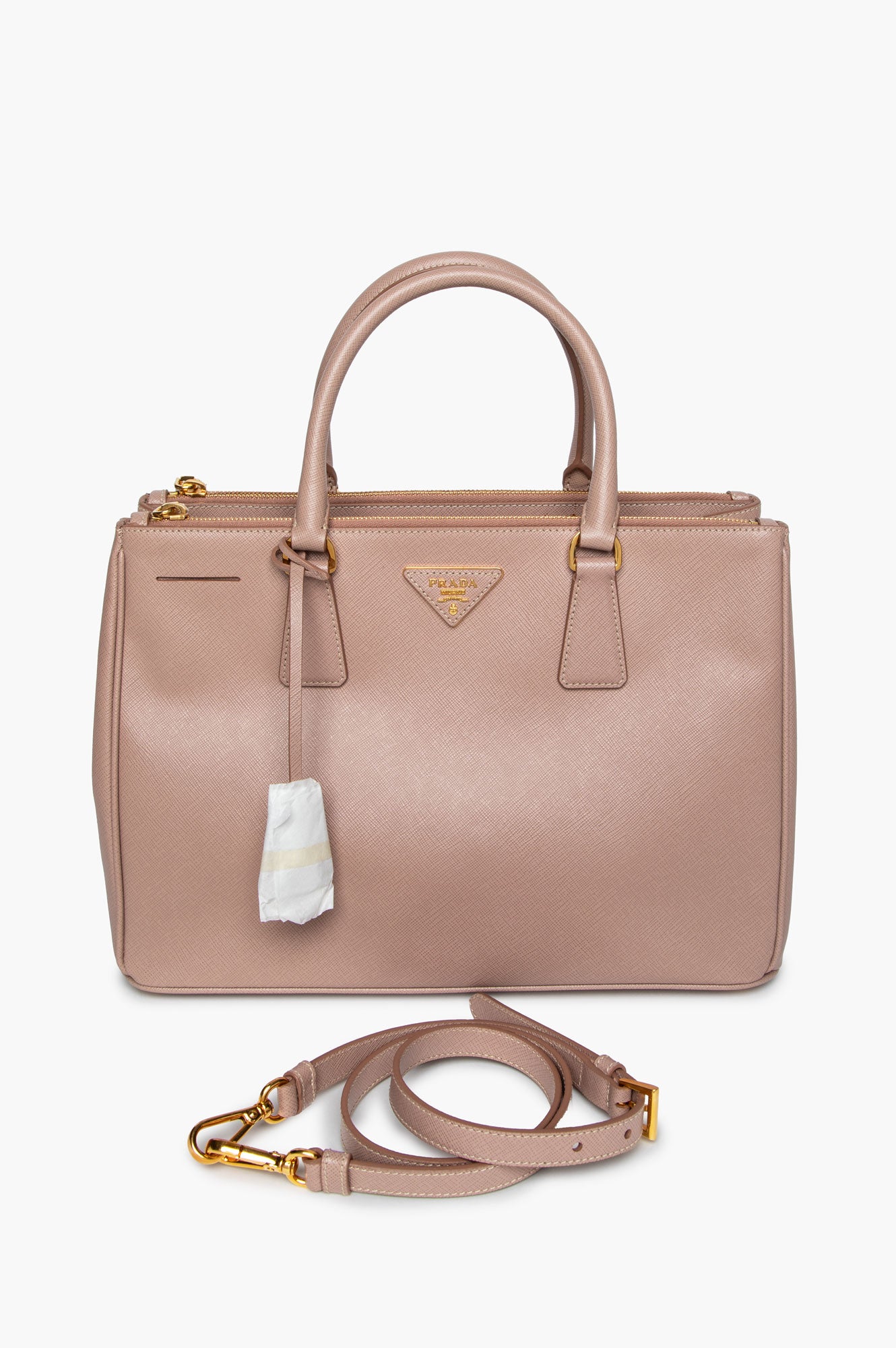 Prada Rose Beige Saffiano Lux Galleria Double Zip Tote With Strap