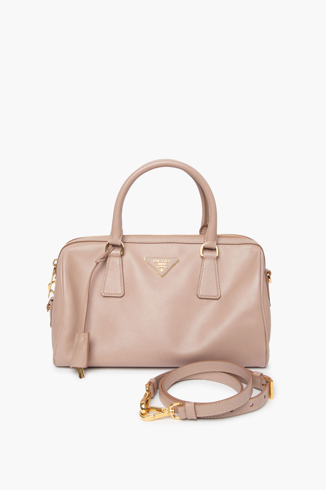 Prada Taupe Saffiano Bowler Bag With Strap - front