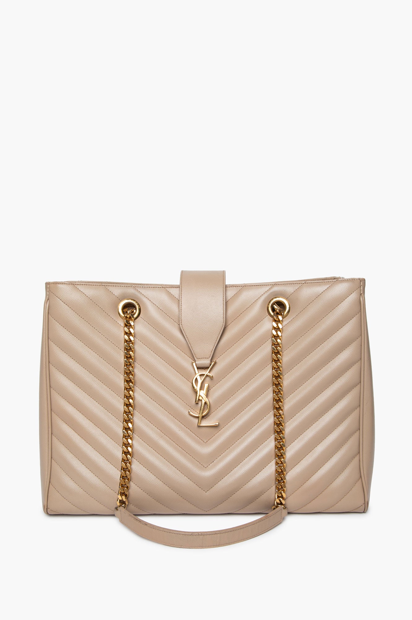Saint Laurent Beige Grain de Poudre Matelassé Chevron Monogram Shopping Bag