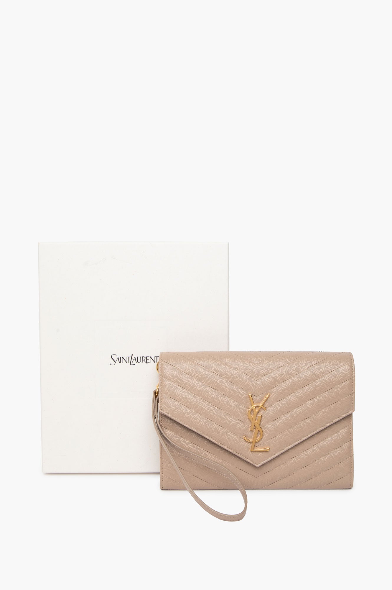 Saint Luarent Dark Beige Cassandre Small Matelasse Leather Clutch