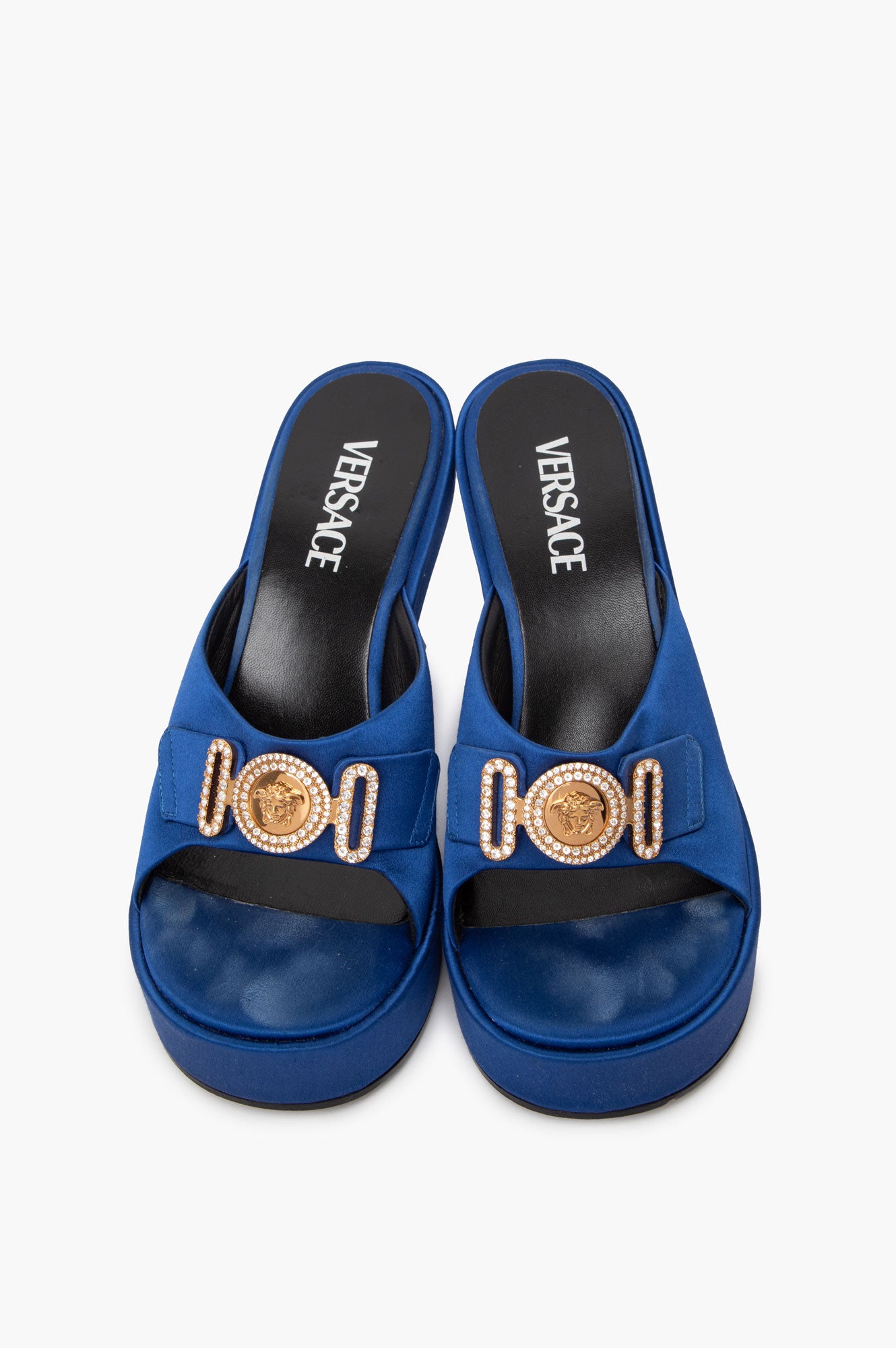 Versace Blue Satin Medusa Biggie Platform Mules Size 38