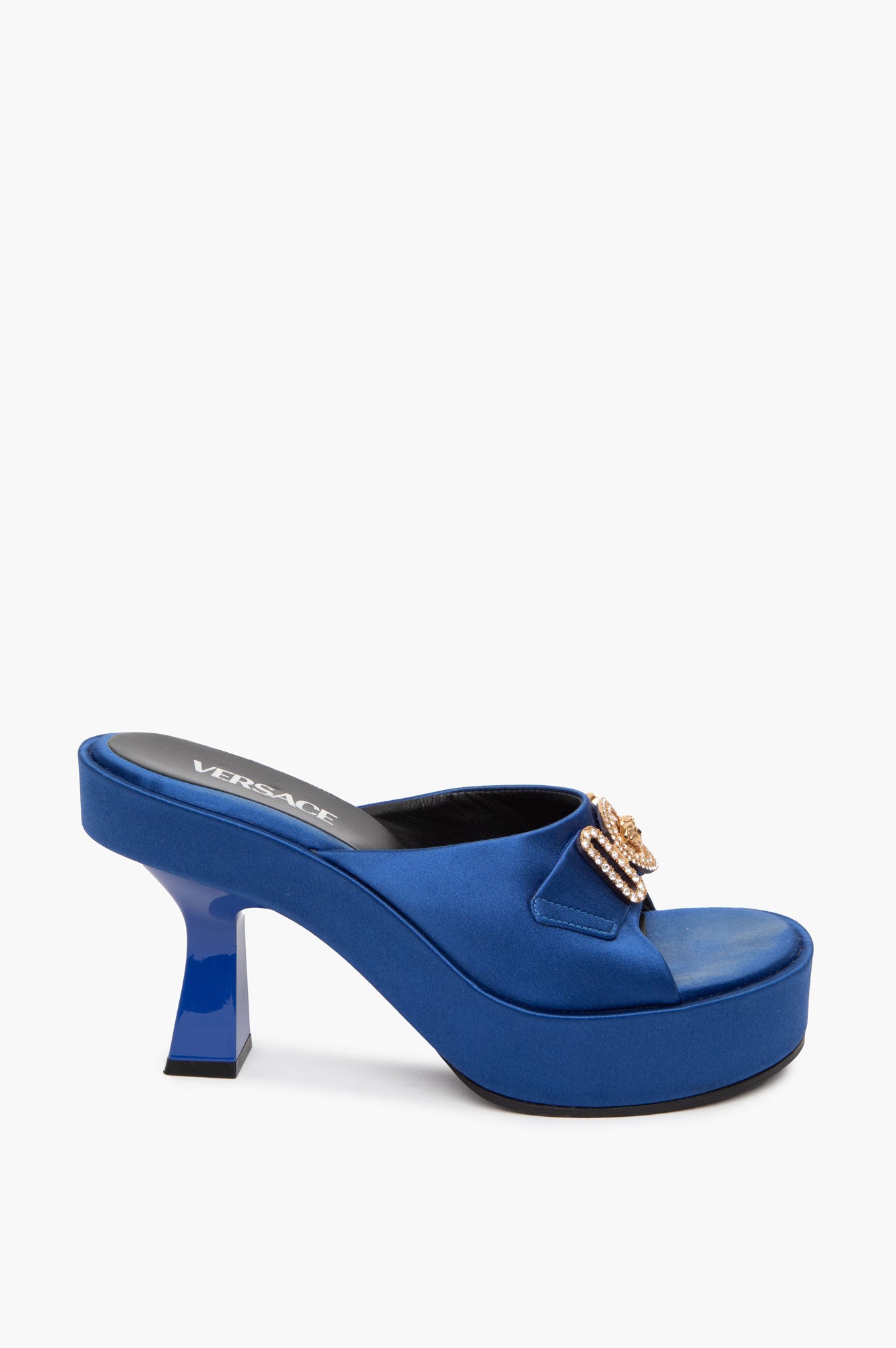 Versace Blue Satin Medusa Biggie Platform Mules Size 38